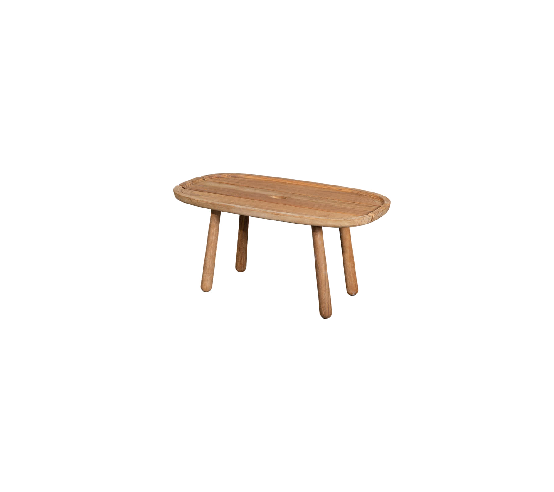 Een houten tafel met een ovale top en vier stevige poten, ontworpen voor een moderne of rustieke esthetiek.