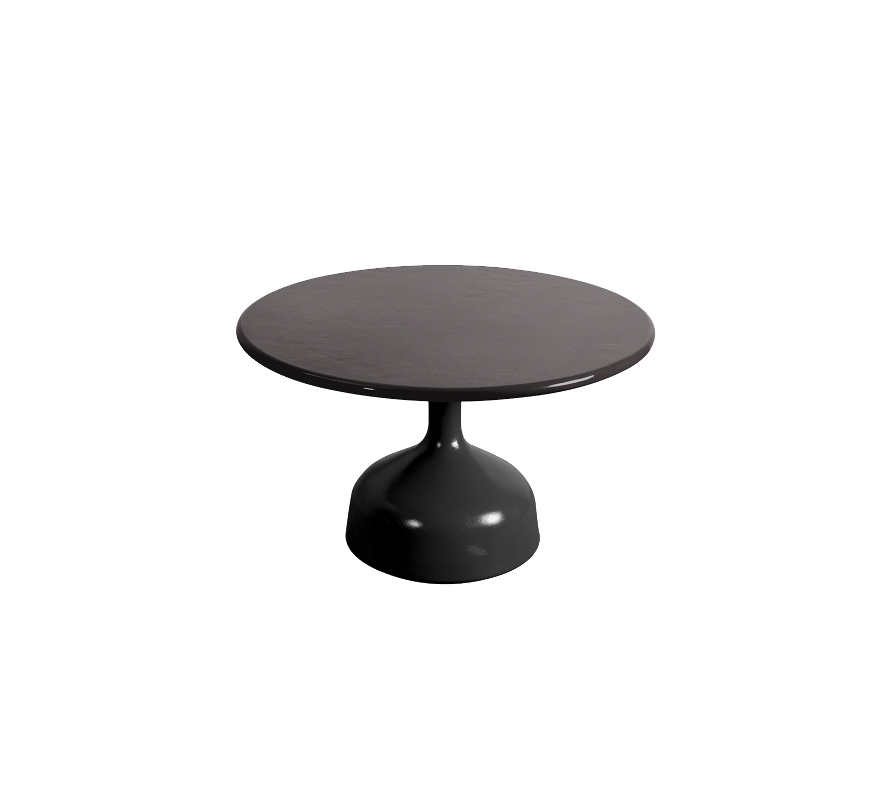 Ronde zwarte tafel met een gladde bovenkant en een pedestaalbasis, ontworpen voor moderne esthetiek en veelzijdig gebruik.