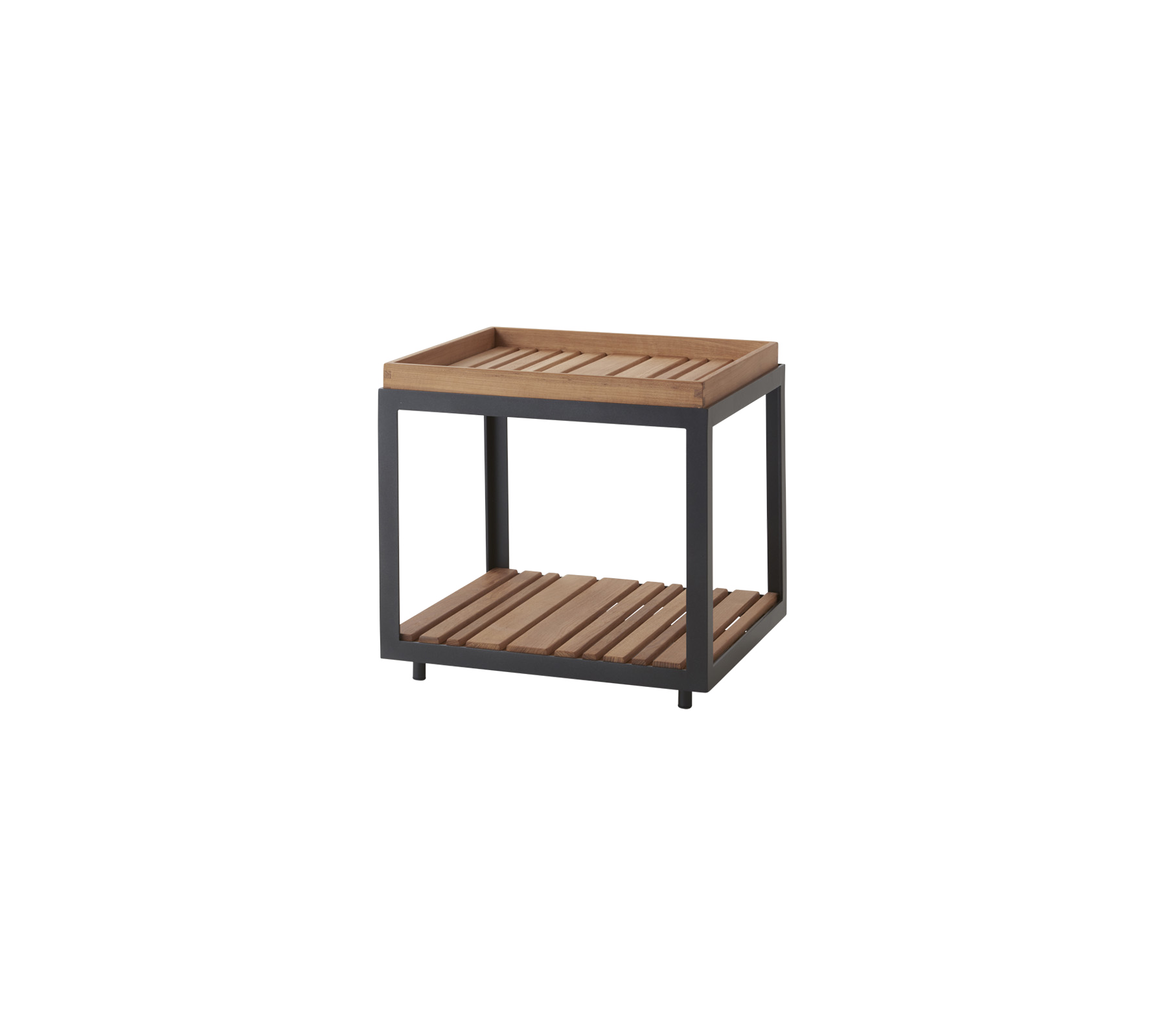 Houten tafeltje met een lattenblad en een onderste plank, met een stevige frame voor veelzijdige opslag en presentatie.
