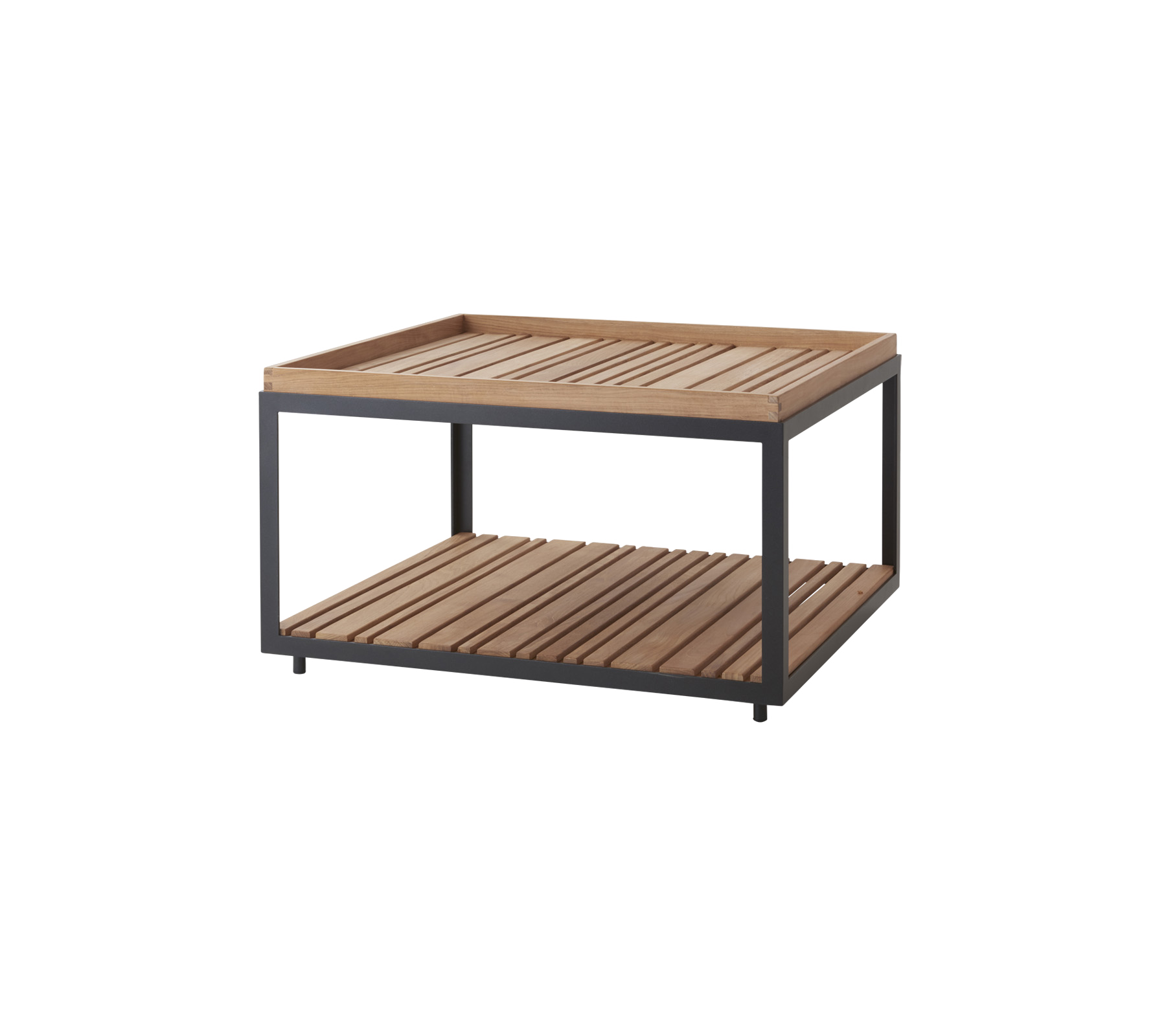 Stijlvolle houten latten tafel met een modern metalen frame, voorzien van een open schap voor extra opslag of presentatie.
