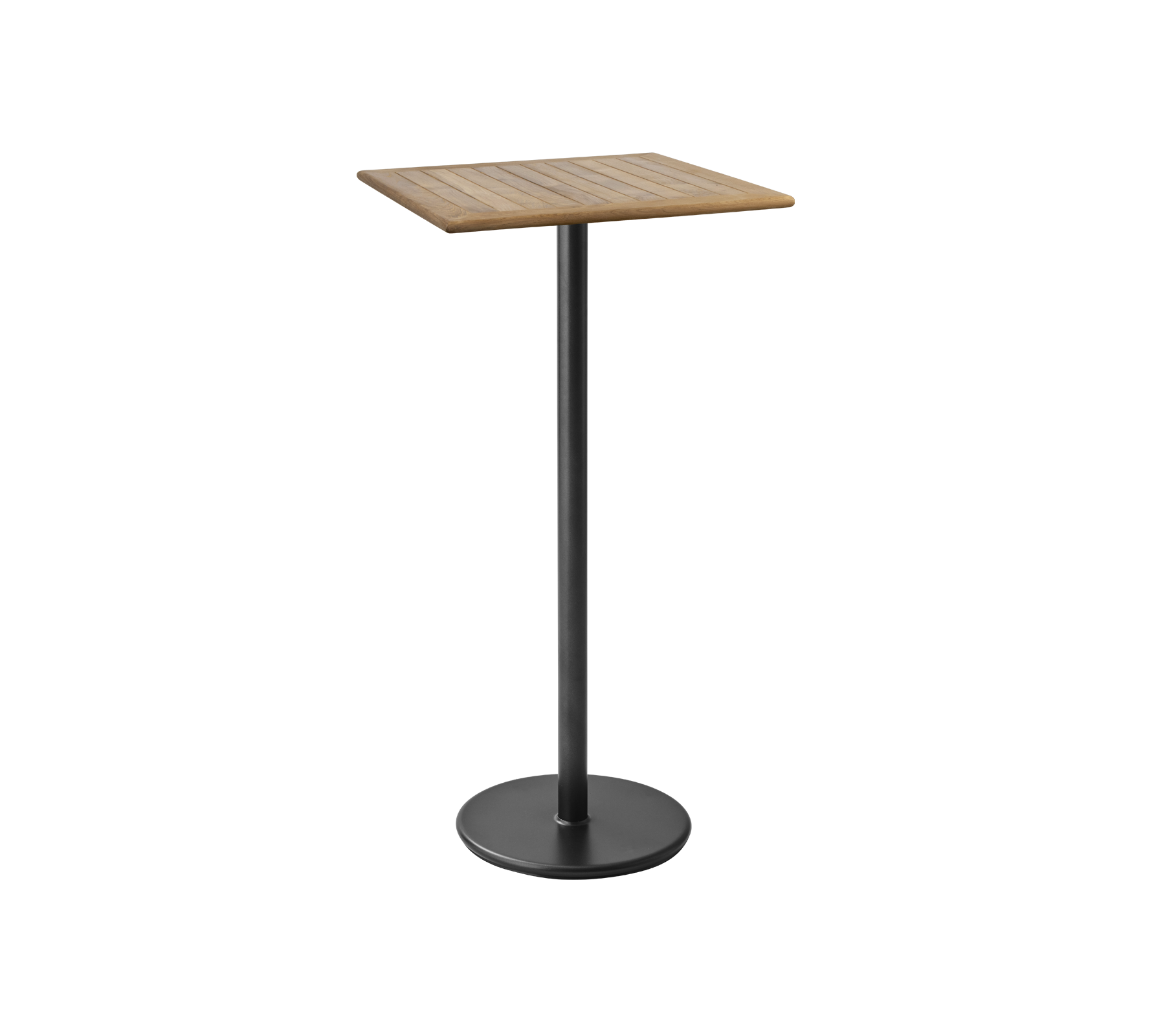 Een strak, modern tafel met een vierkant houten blad en een stevige zwarte metalen basis, perfect voor casual dineren of drankjes.