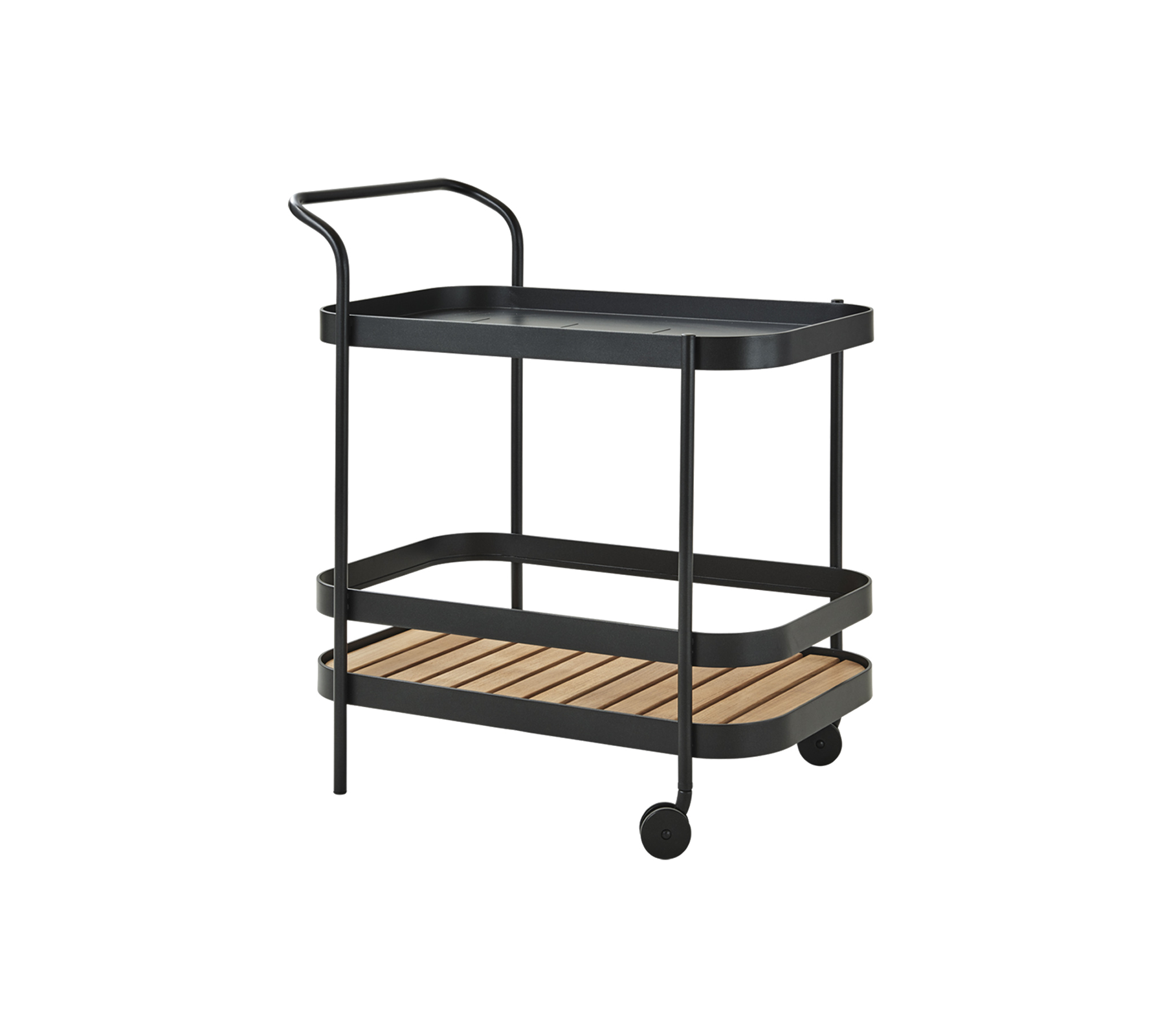 Een stijlvolle twee-laags serveerwagen met een zwart dienblad en houten planken, voorzien van een handgrepen en wielen voor gemakkelijke mobiliteit.