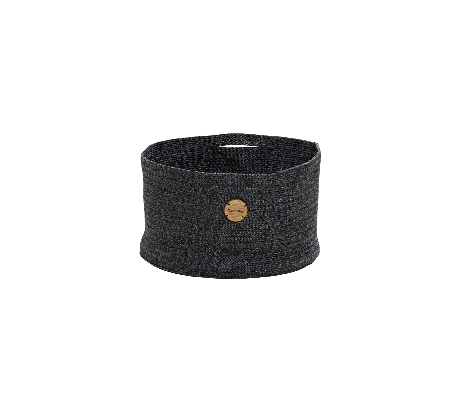 Ronde, textuurlijke opbergmand in donkergrijs met een houten label voor stijl en functionaliteit. Ideaal voor het organiseren van verschillende items.