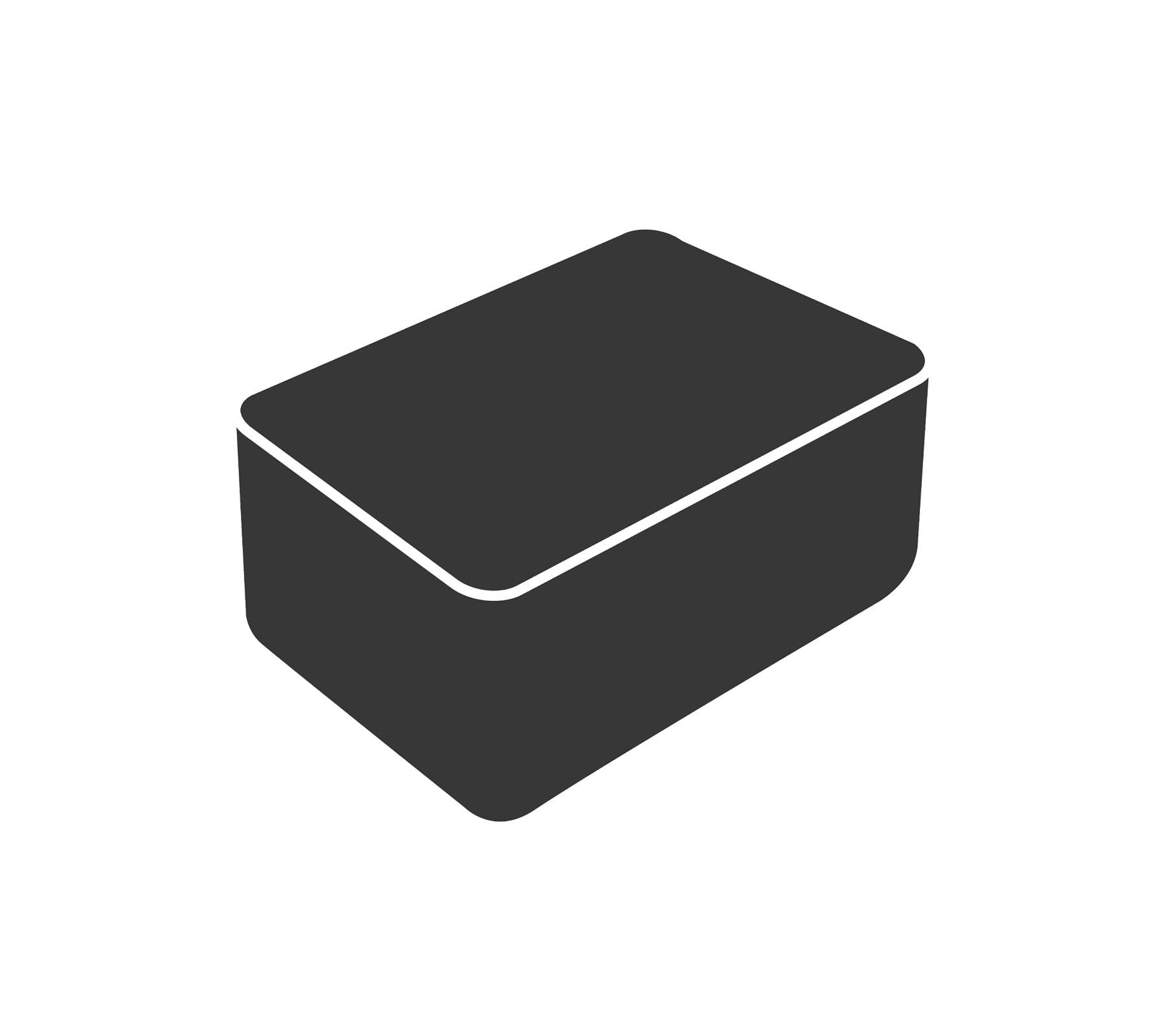 Een eenvoudige, rechthoekige opbergcontainer met een gladde oppervlakte en een iets verhoogd deksel. Ideaal voor het organiseren van voorwerpen.