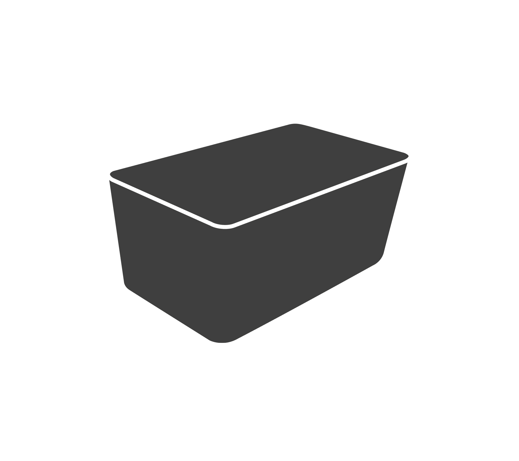 Een eenvoudige rechthoekige container met een plat deksel, ontworpen voor opslag of transport, in een donkergrijze kleur.