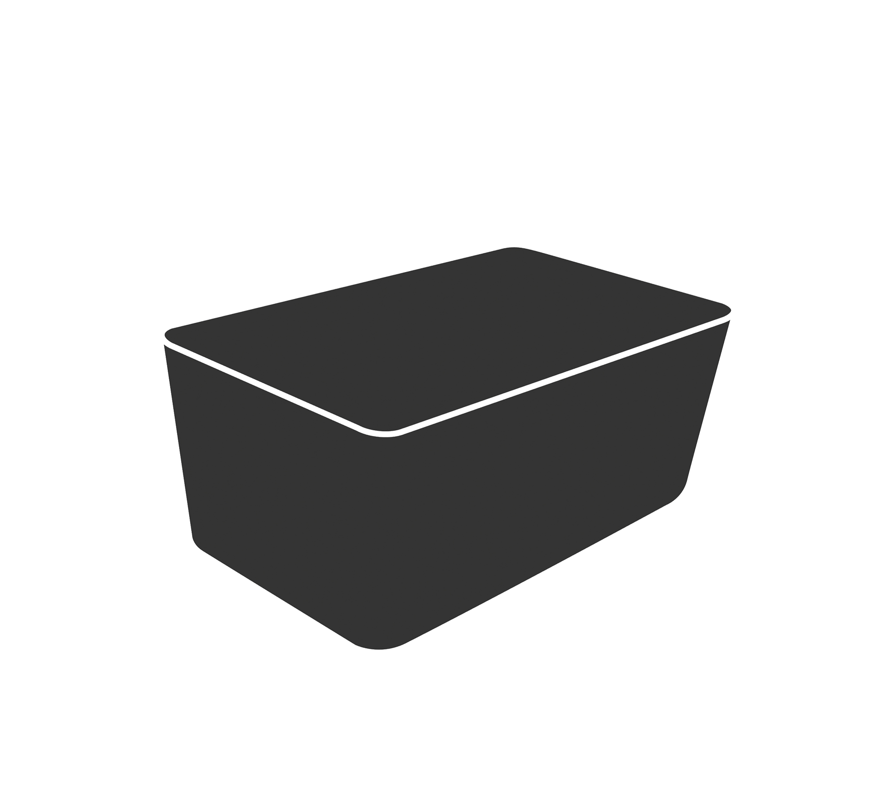 Een eenvoudige zwarte rechthoekige container met een vlakke deksel, geschikt voor opslag of organisatie.