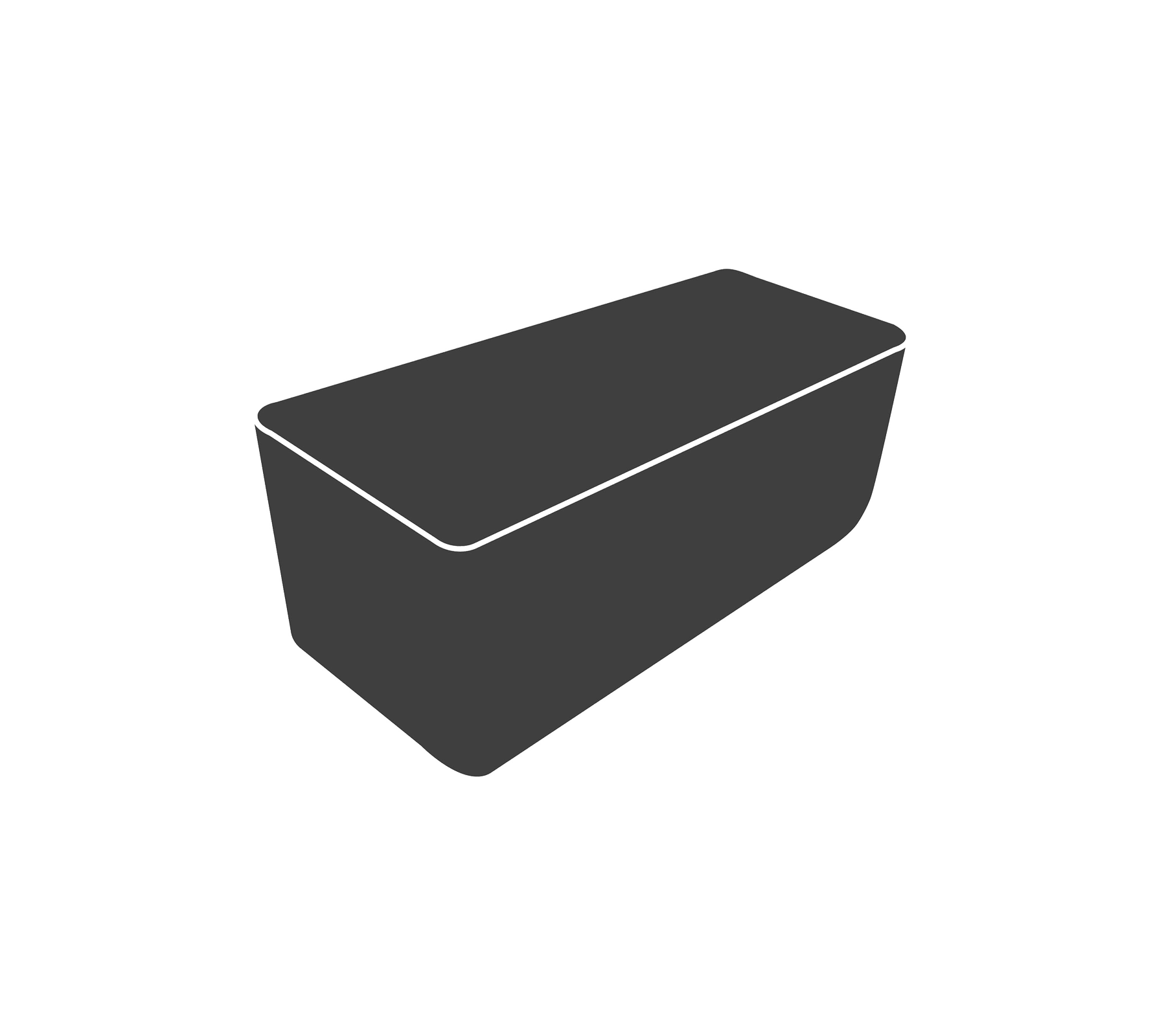 Een slanke, rechthoekige container met een taps toelopend ontwerp, voorzien van een deksel en een glad oppervlak, ideaal voor opslag of serveren.