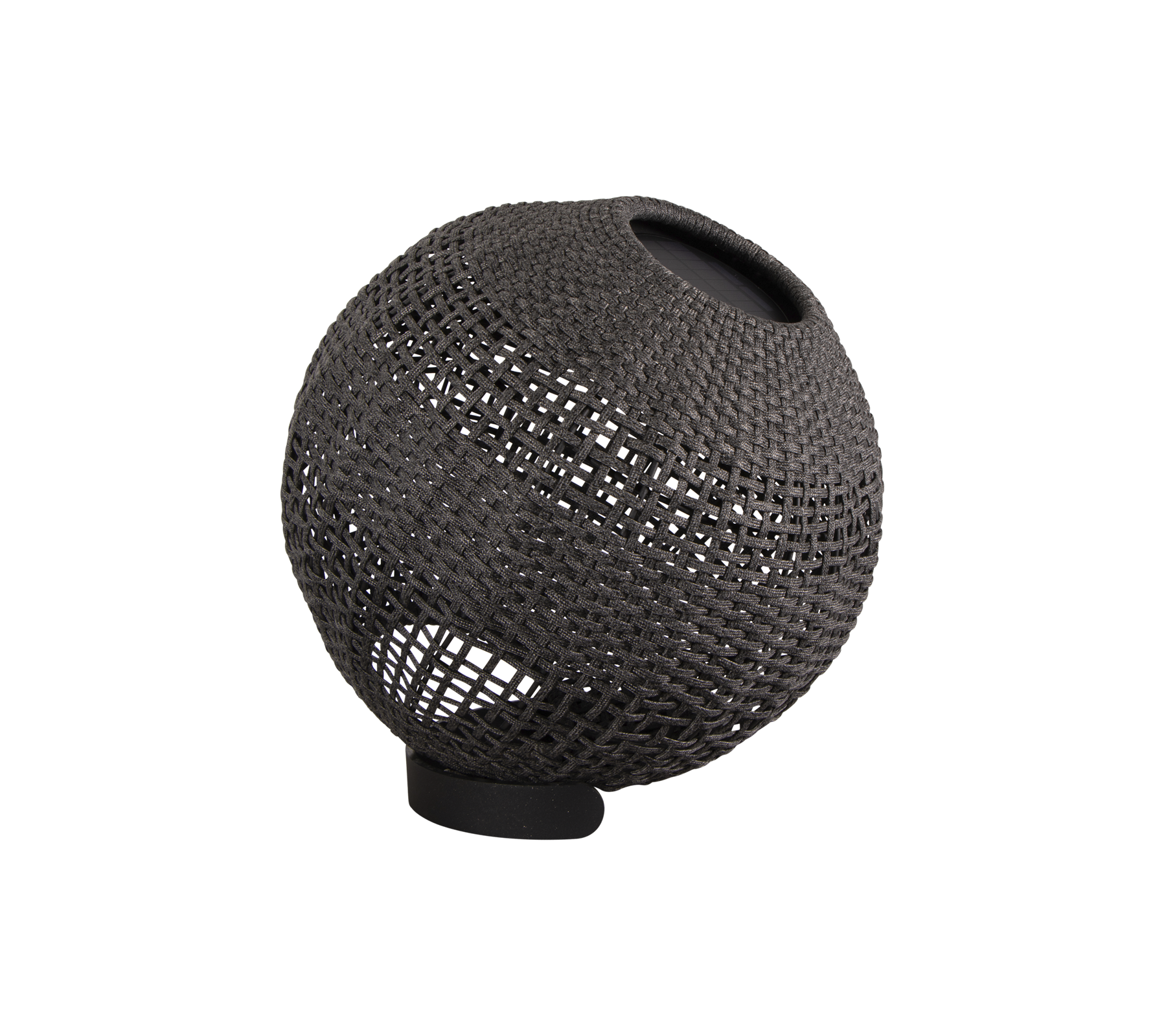 Decoratieve bolvormige lamp met een geweven textuur en een minimalistisch ontwerp, voorzien van een subtiele lichtbron voor sfeerverlichting.