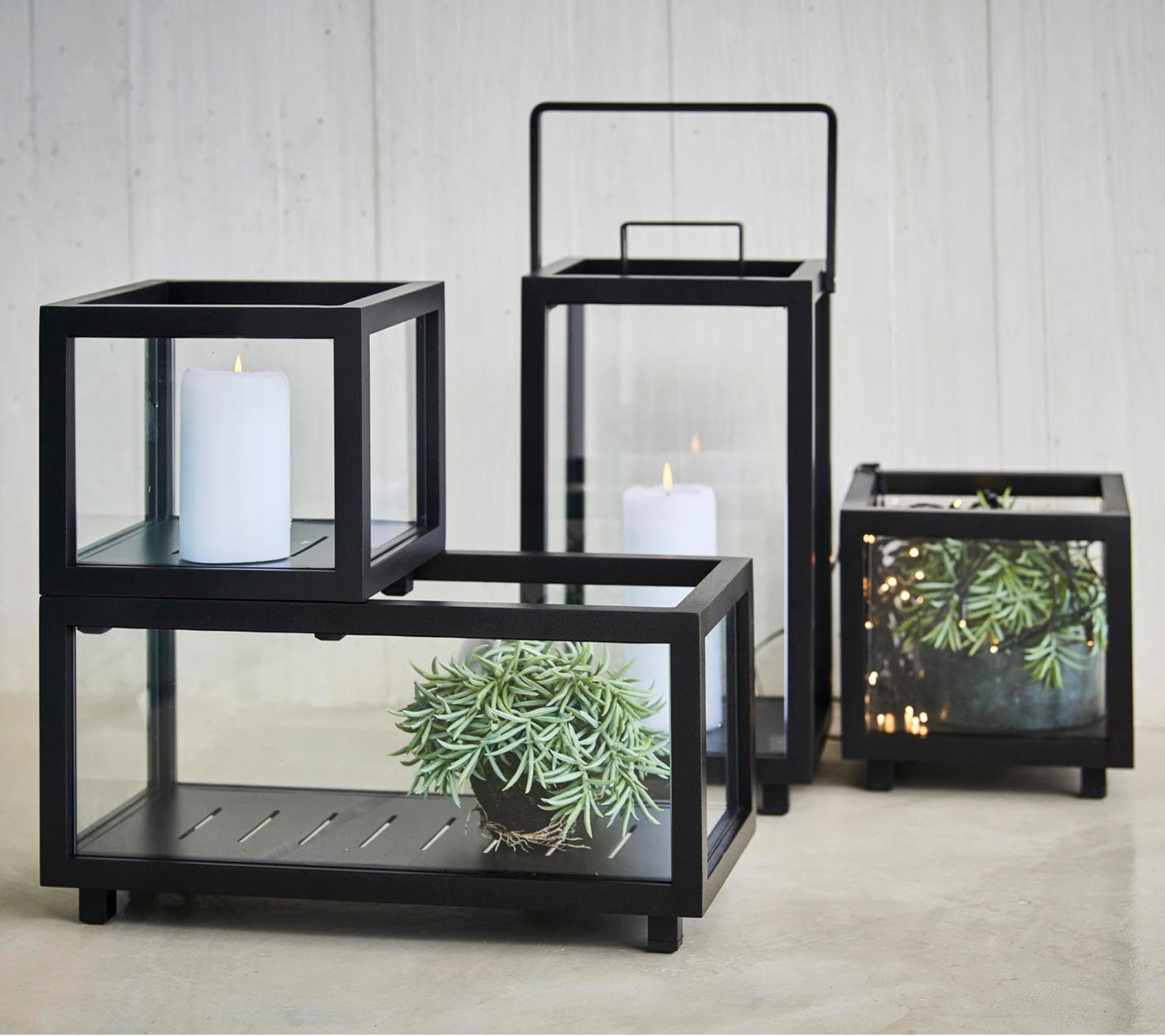 Een set elegante kaarsenhouders met zwarte frames en glazen panelen, die planten en kaarsen in verschillende maten tonen.