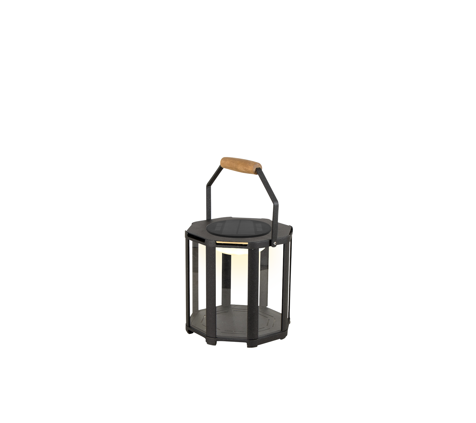 Een stijlvolle lantaarn met een zwart metalen frame en een houten handvat, ontworpen met LED-verlichting voor een moderne uitstraling.