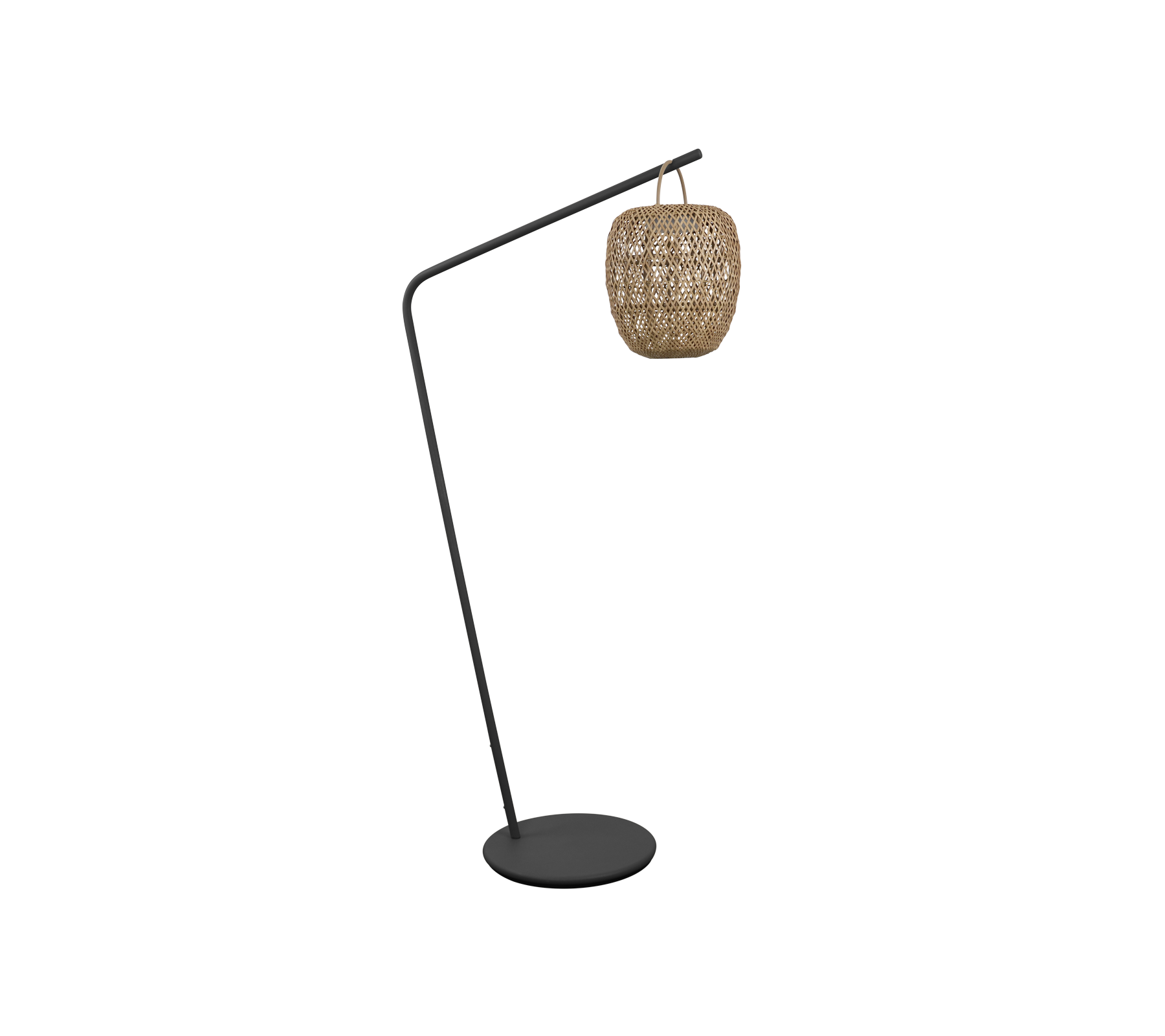 Een stijlvolle vloerlamp met een gebogen ontwerp en een geweven kap, perfect om een moderne touch aan je ruimte toe te voegen.