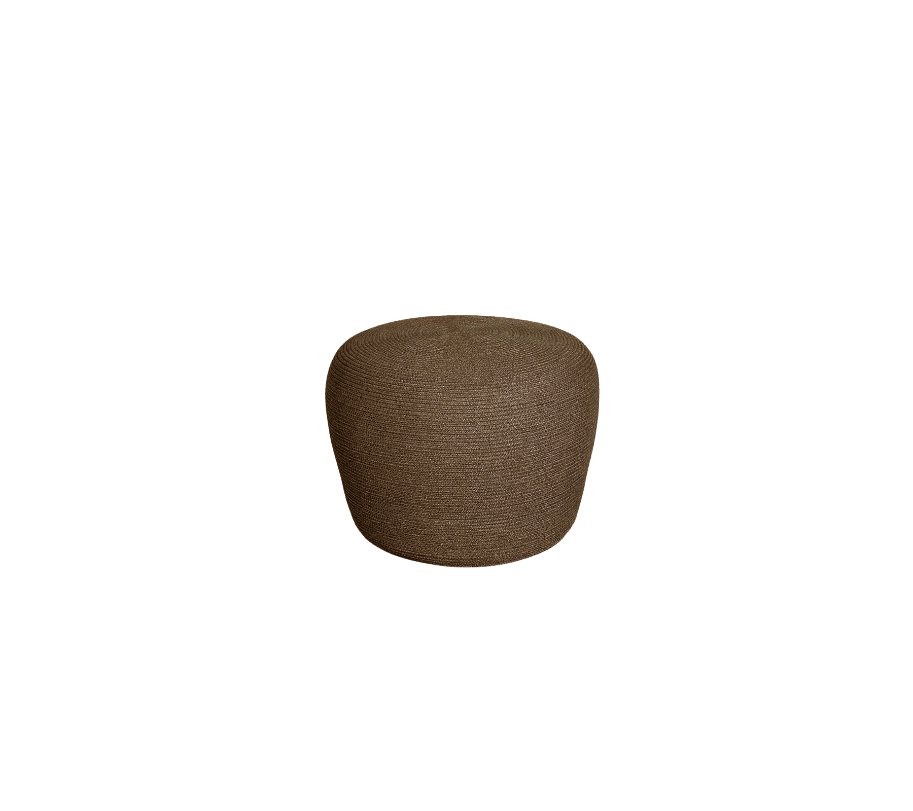 Stijlvolle ronde ottoman van een gestructureerde bruine stof, veelzijdig voor zitplaatsen of als decoratief accent.