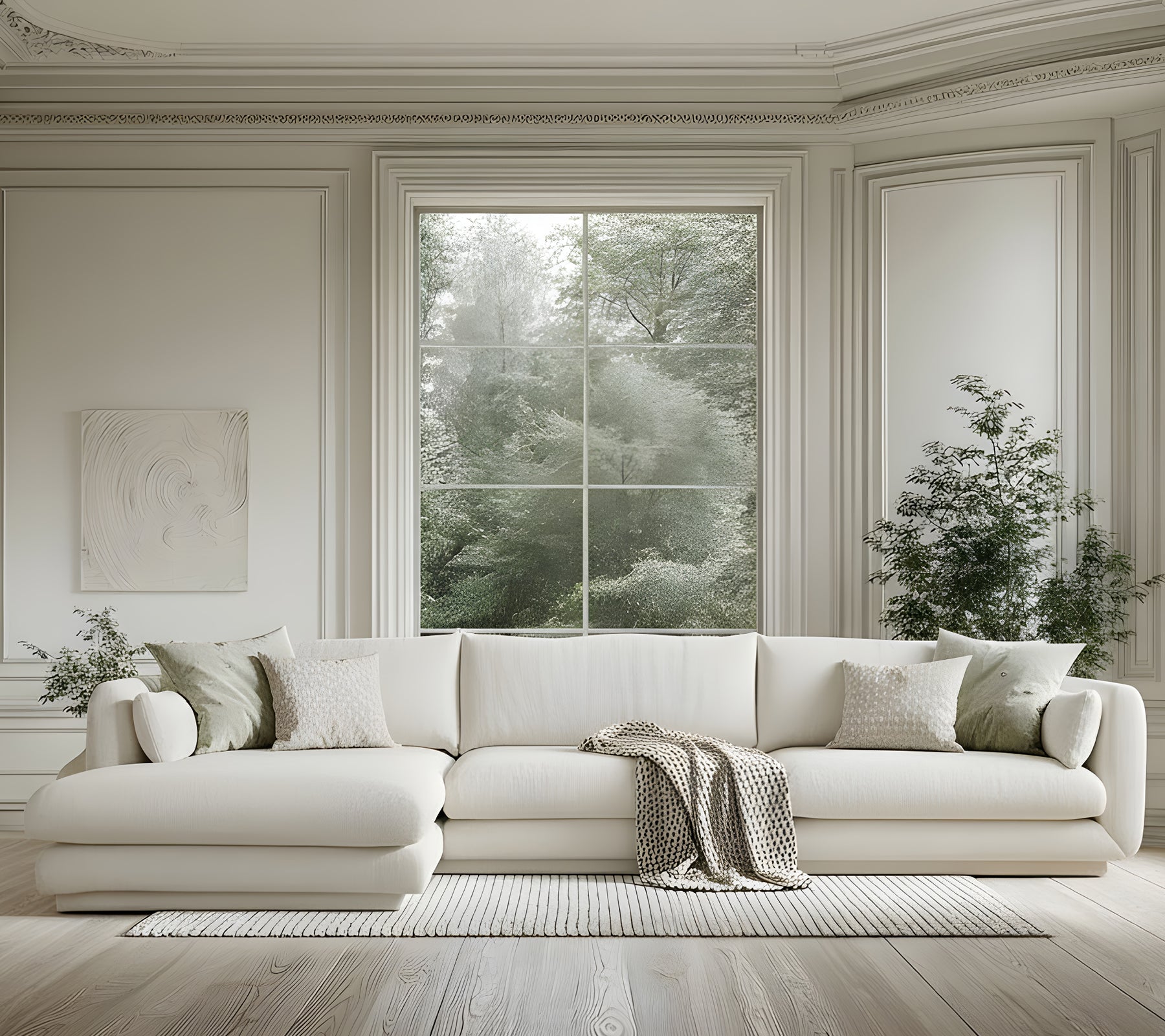 Moderne witte bank met groene kussens en een grijze plaid in een minimalistische woonkamer.