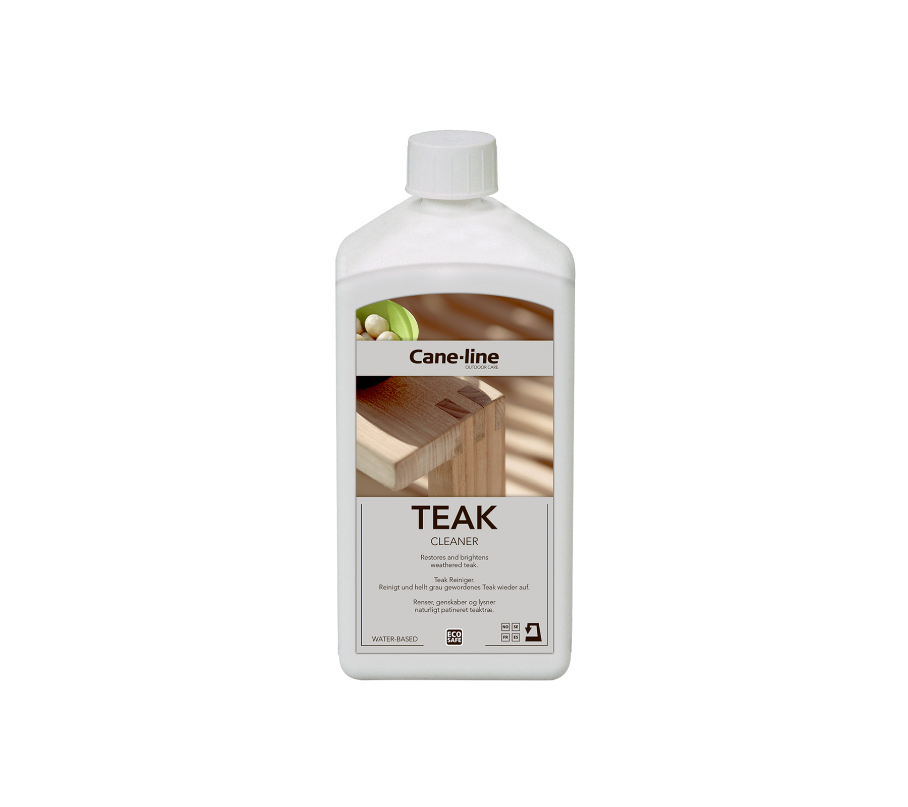 Fles teakolie voor houtonderhoud, met een label met productinformatie en gebruiksaanwijzingen.