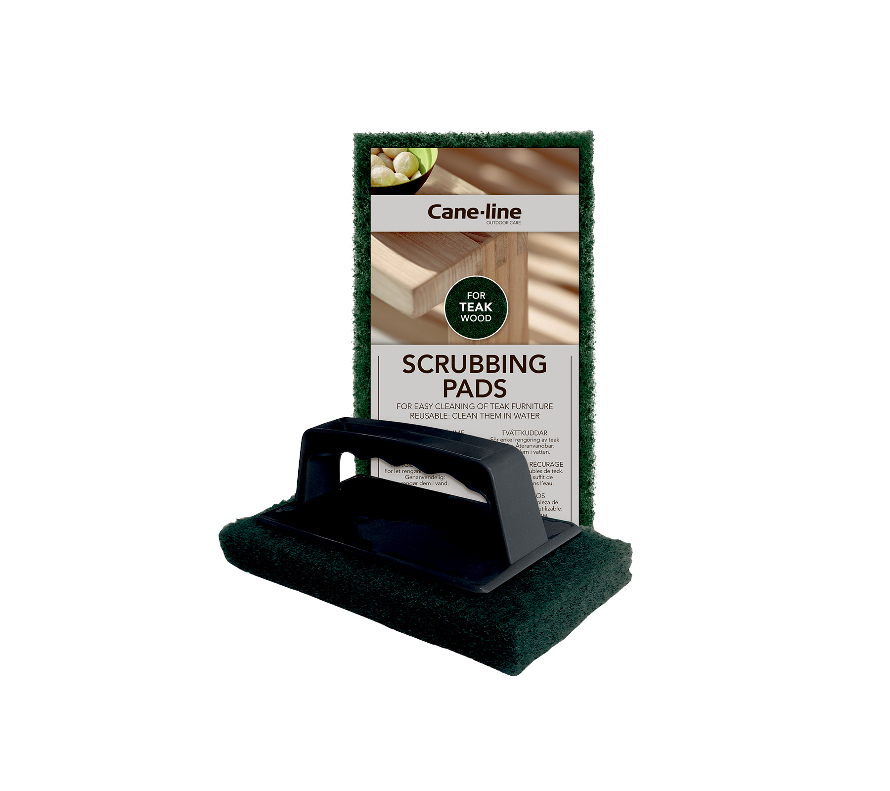 Schrob pads met een handvat, ontworpen voor effectieve reiniging. Inclusief verpakking met de productnaam. Ideaal voor verschillende schoonmaaktaken.