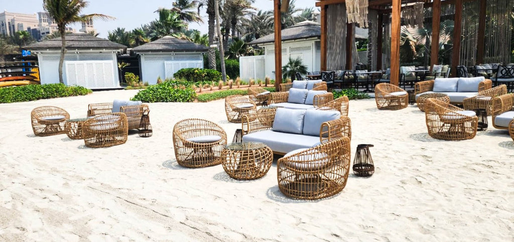 Outdoor lounge by the beach in Dubai at the French Riviera Beach Restaurant