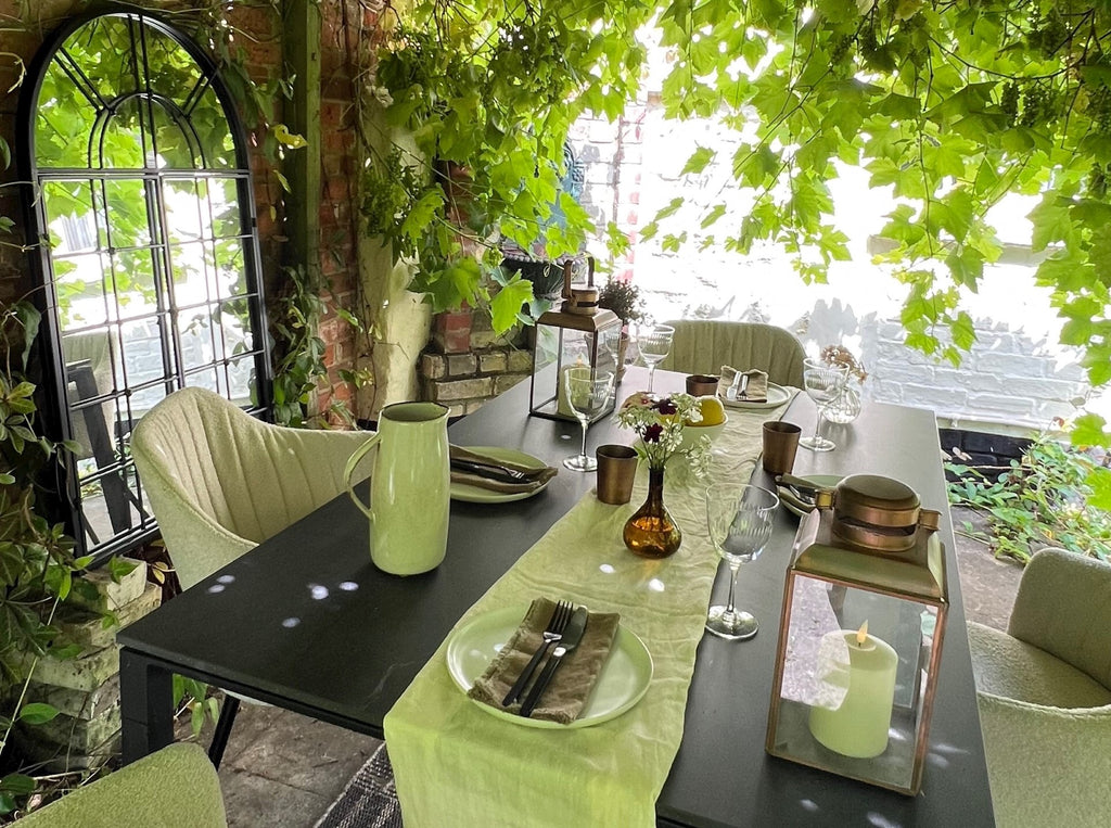 Pergola design, grapevines growing in the pergola, boucle outdoor chair, 
