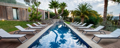 Een rij ligbedden naast een reflecterende pool, omgeven door weelderige groene planten en palmbomen, die een serene ontspanningsruimte creëren.