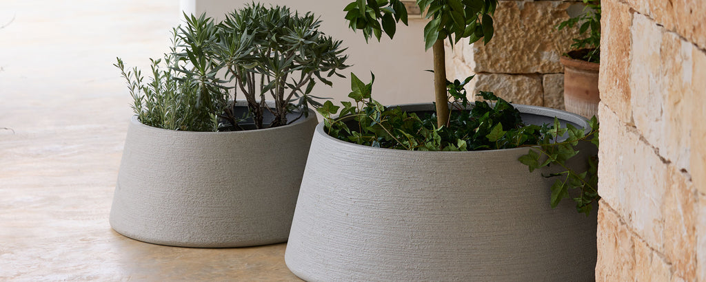 Twee moderne grijze plantenbakken met groen in een buitenomgeving.