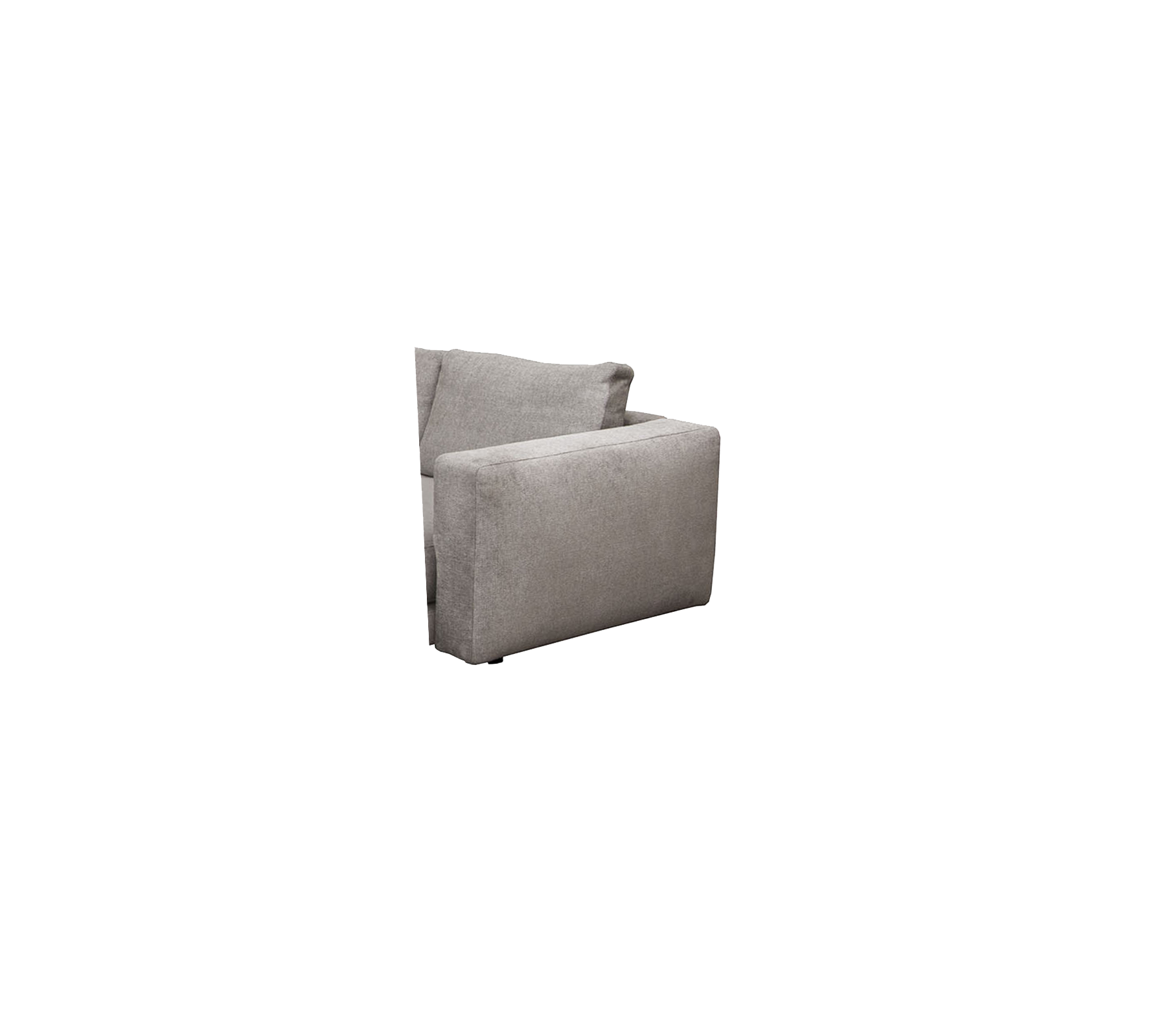 Een moderne, minimalistische fauteuil in een zachte grijze stof, met strakke lijnen en een eigentijds ontwerp. Ideaal voor een stijlvolle zitplaats.