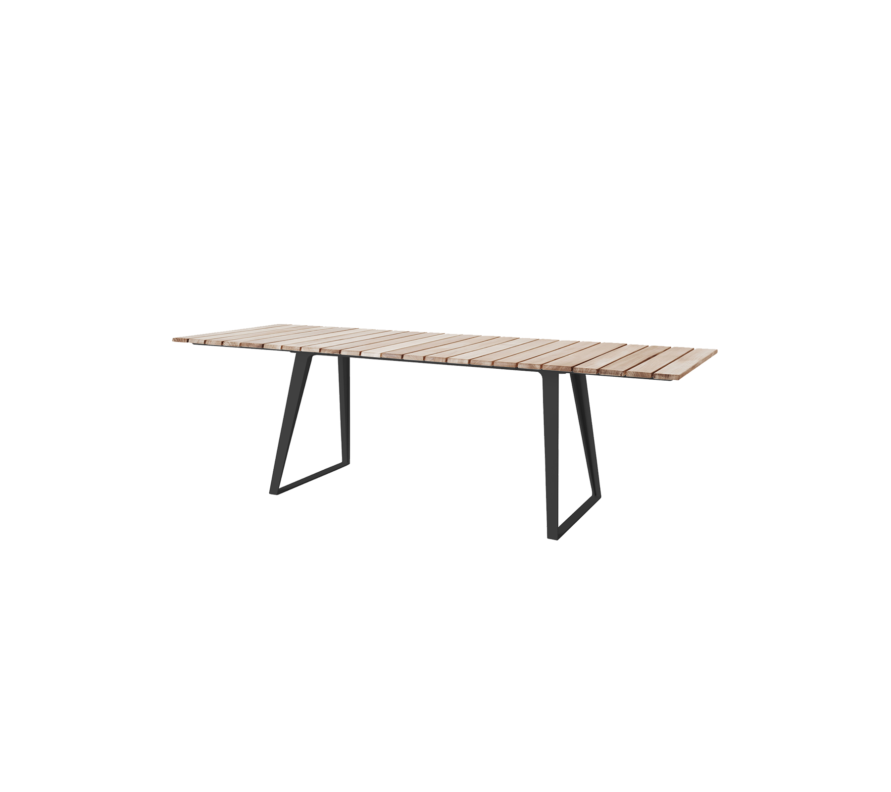 Modern houten tafel met een lattenblad en slanke metalen poten, geschikt voor verschillende settings en bijeenkomsten.
