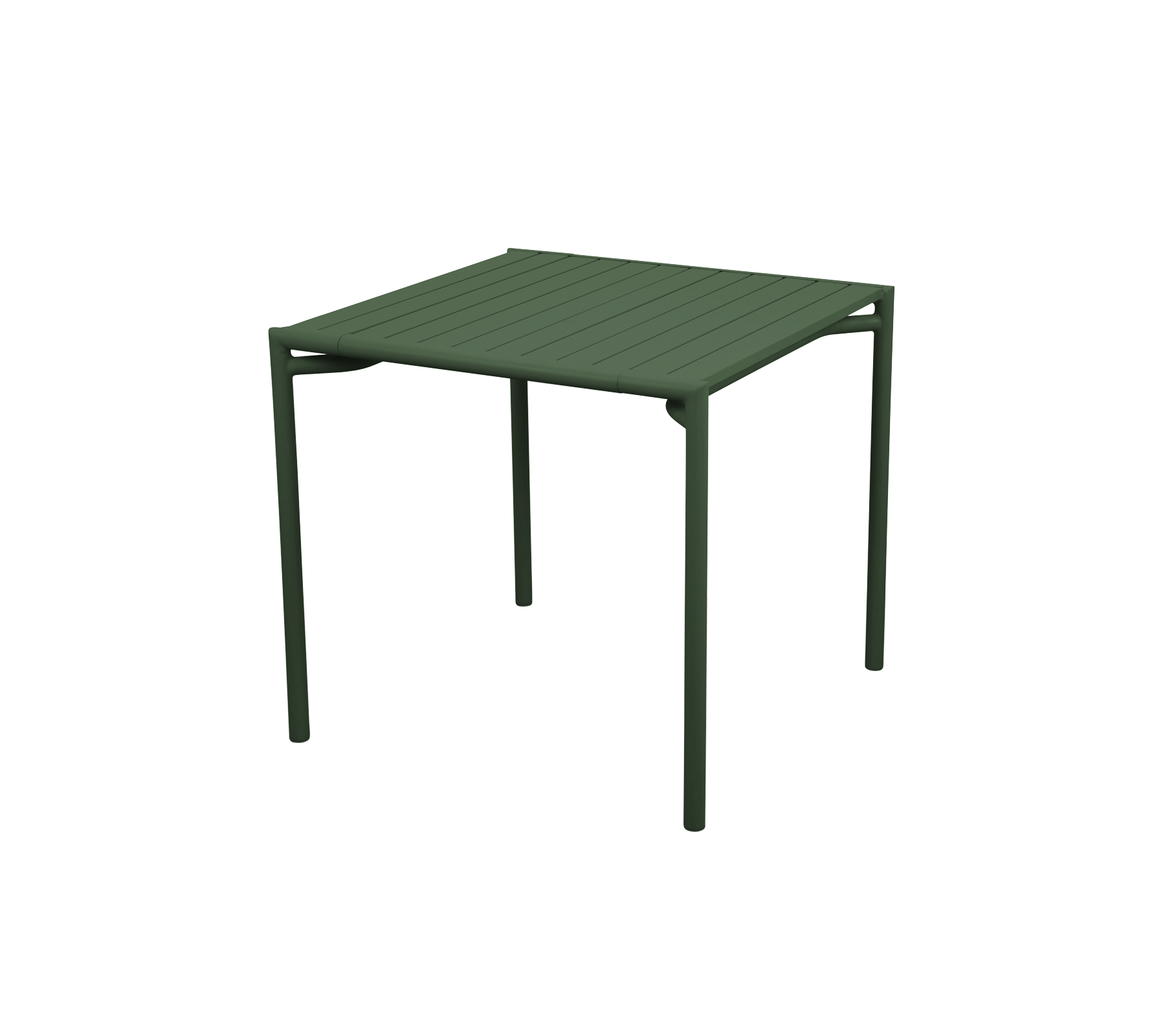 Vierkant tafel met een lattenoppervlak en stevige groene poten, ontworpen voor veelzijdig gebruik in verschillende omgevingen.
