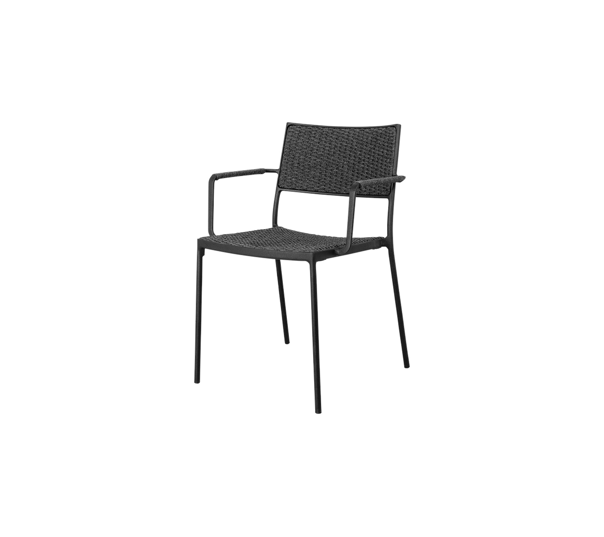 Zwarte geweven fauteuil met een minimalistisch ontwerp, met een stevig frame en comfortabele zitting voor informele of formele settings.