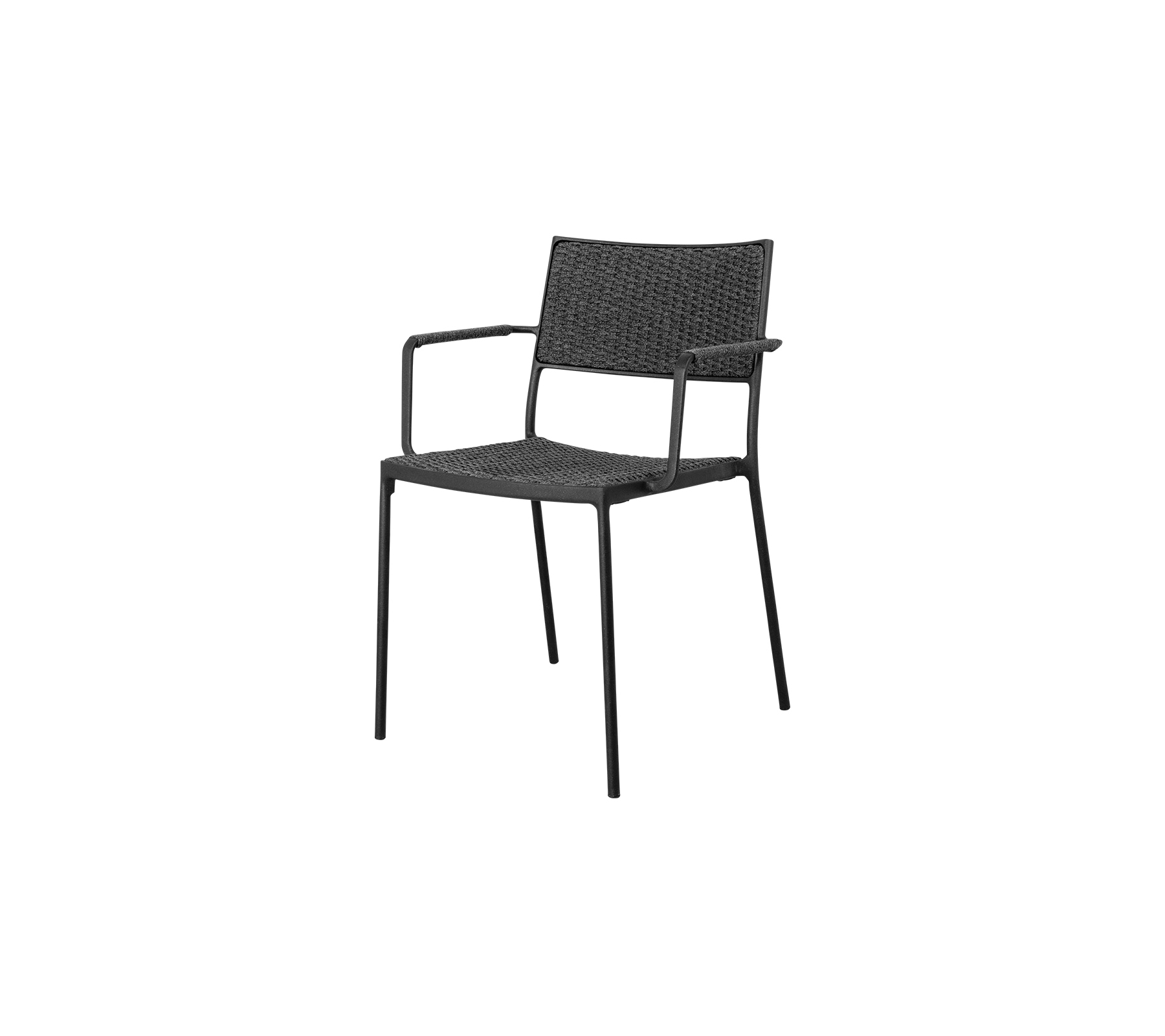 Zwarte geweven fauteuil met een minimalistisch ontwerp, met een stevig frame en comfortabele zitting voor informele of formele settings.