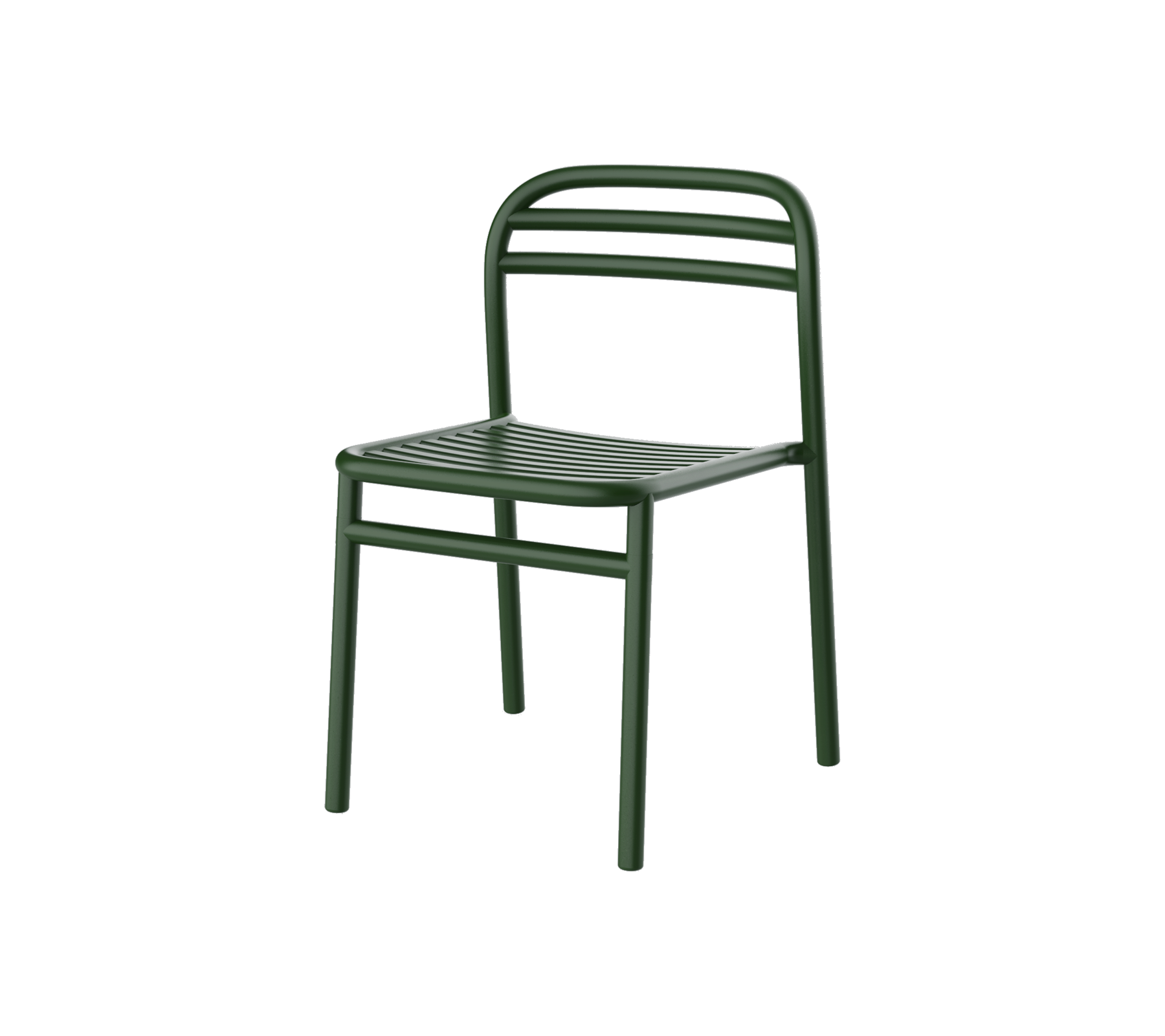 Groene metalen stoel met een eenvoudig ontwerp, voorzien van een lattenzitting en rugleuning voor comfort en stijl. Perfect voor veelzijdige omgevingen.
