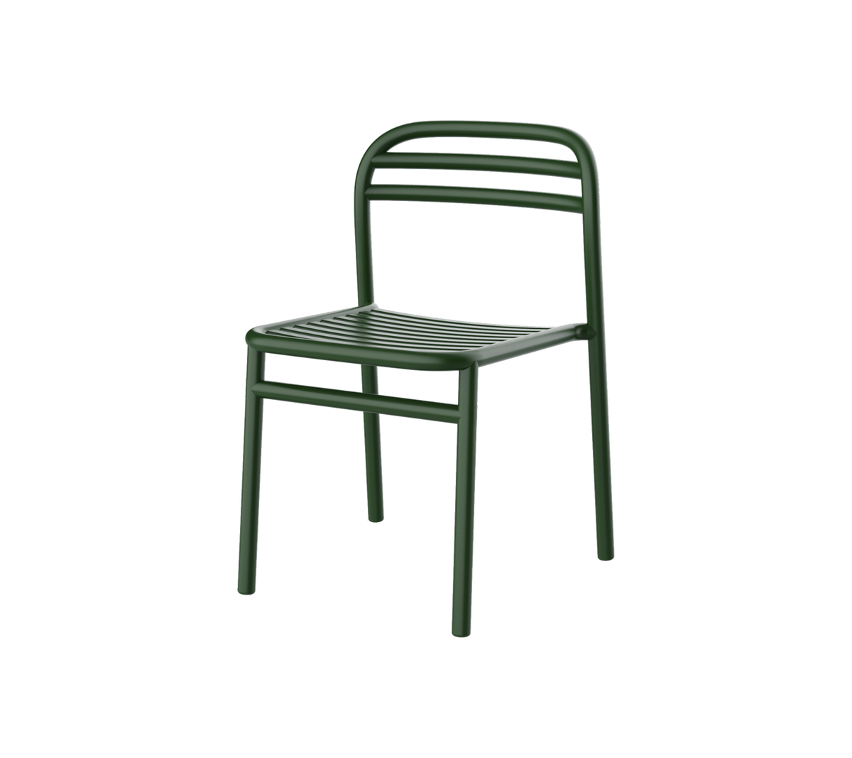 Groene metalen stoel met een eenvoudig ontwerp, voorzien van een lattenzitting en rugleuning voor comfort en stijl. Perfect voor veelzijdige omgevingen.