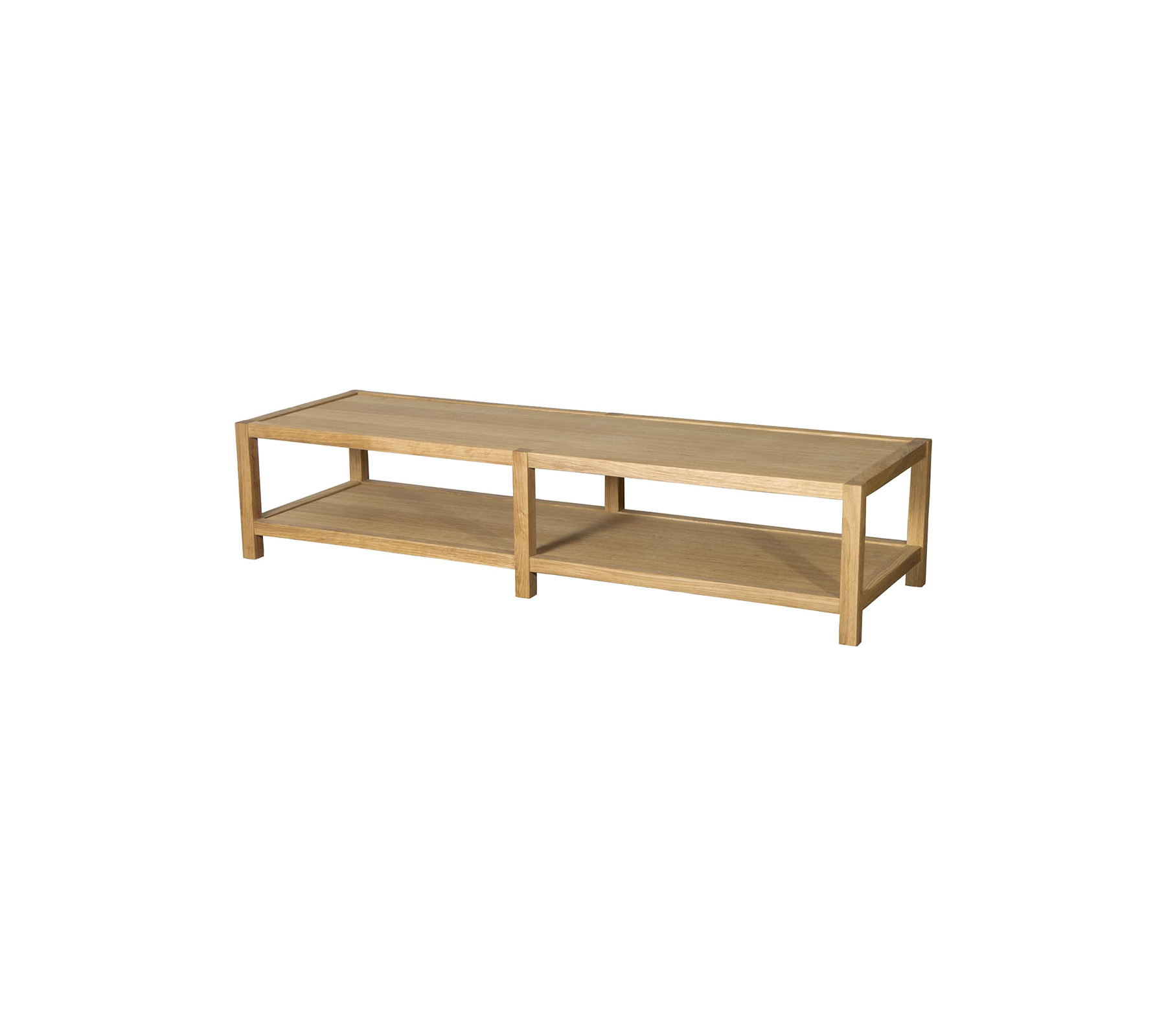 Houten opslagplank met twee open vakken, ontworpen om spullen te organiseren en decor te tonen.