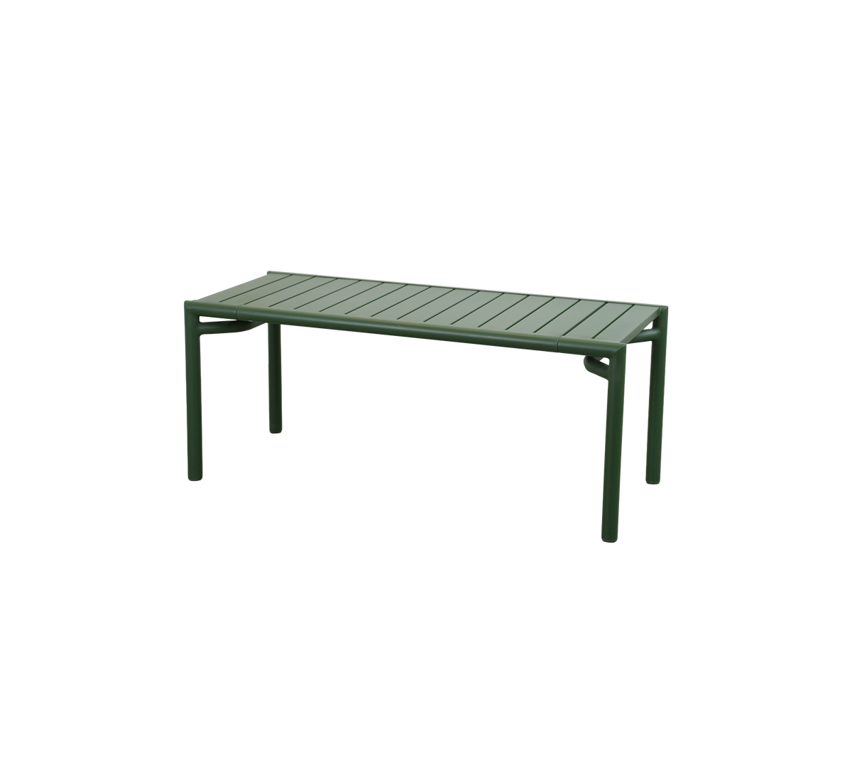 Donkergroen tafel met een lattenblad en stevige benen.