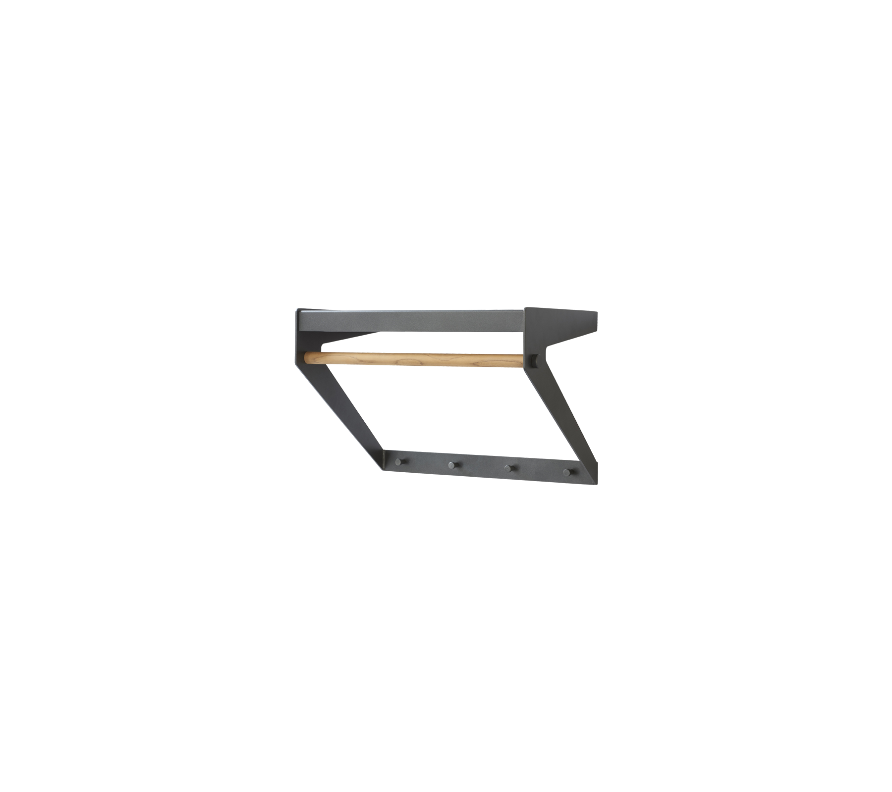 Stijlvolle wandgemonteerde kapstok met een houten plank en meerdere haken voor efficiënte opslag. Ideaal voor het organiseren van buitenkleding en accessoires.