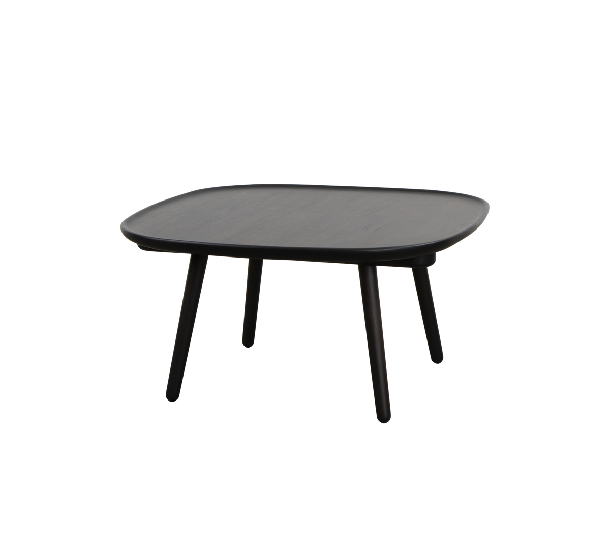 Vierkant zwarte tafel met een gladde oppervlakte en vier slanke benen, ontworpen voor veelzijdig gebruik in verschillende omgevingen.