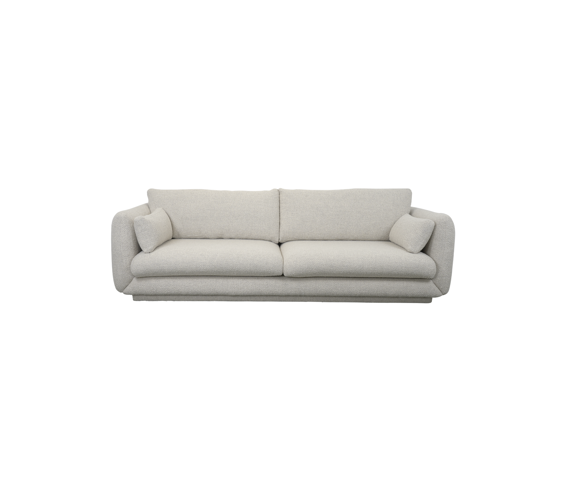 Een moderne, lichtgekleurde bank met pluche kussens en twee decoratieve kussens aan elke kant, ontworpen voor comfort en stijl.