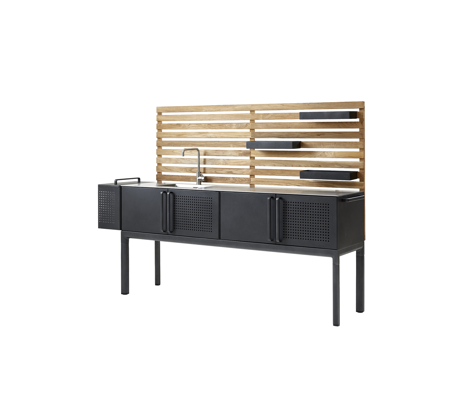 Modern kast met een strakke zwarte afwerking, met vier opbergvakken en een houten lattenrug met plankruimte. Perfect voor stijlvolle organisatie.