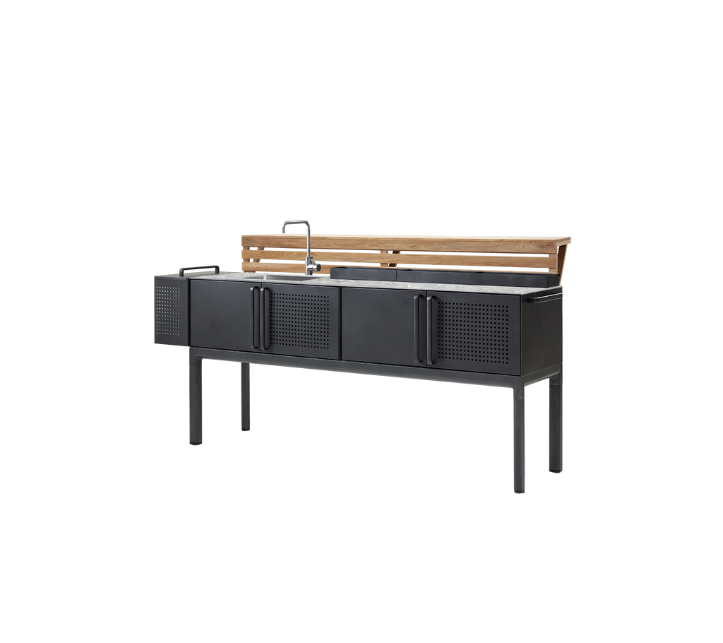 Modern grijs kabinet met teakplank en wastafel.
