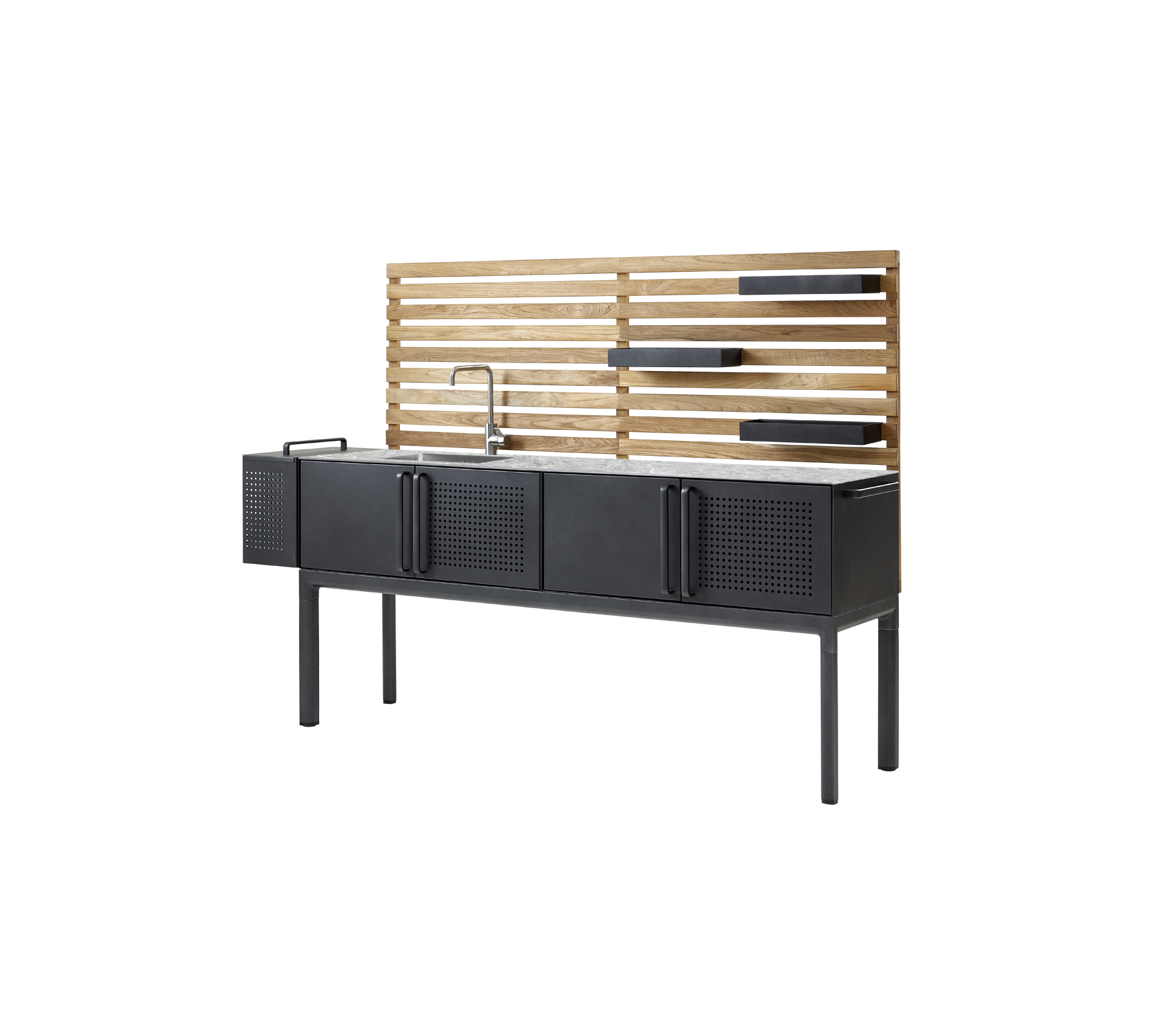 Een moderne keukeneenheid met een slanke metalen basis, meerdere opbergkasten en een houten achtergrond met planken. Ideaal voor georganiseerde ruimtes.