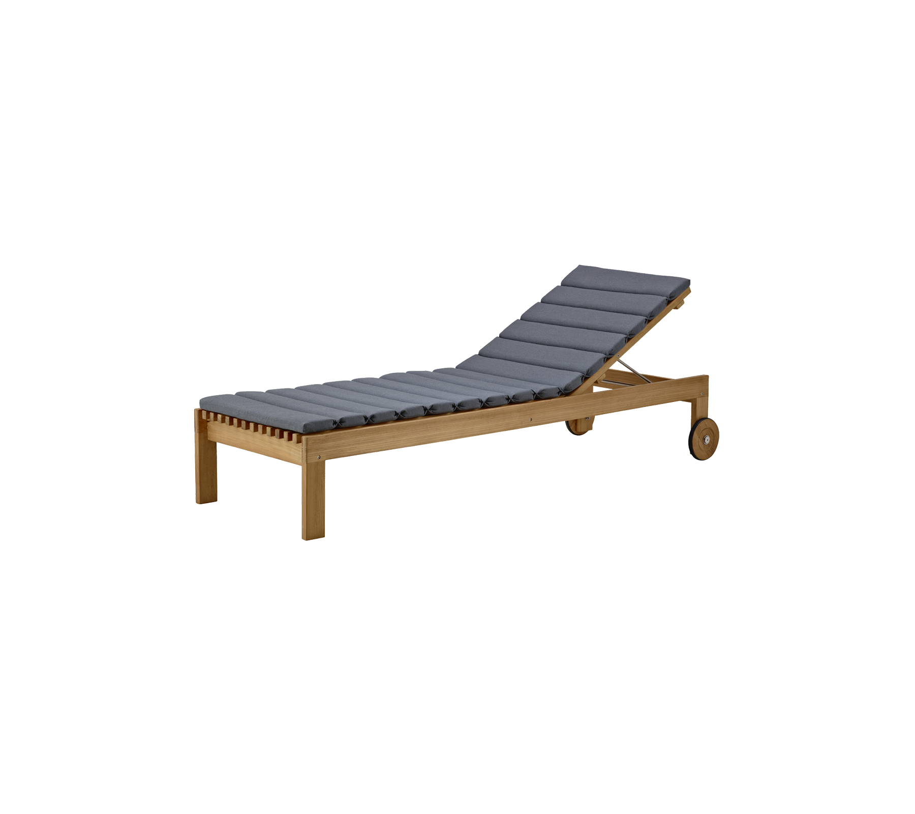 Stijlvolle loungestoel met een houten frame en grijs beklede zitting, ontworpen voor comfort en ontspanning.