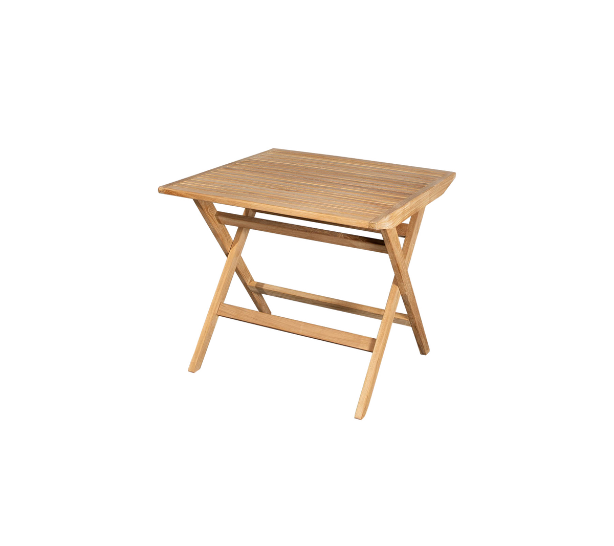 Compact houten tafel met een lattenblad en gekruiste benen, perfect voor veelzijdig gebruik in verschillende omgevingen.