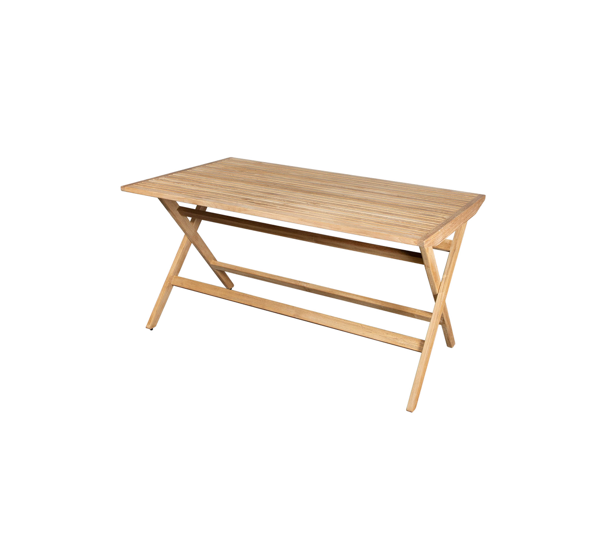 Licht houten tafel met een gladde oppervlakte en kruisbenen, geschikt voor verschillende toepassingen.