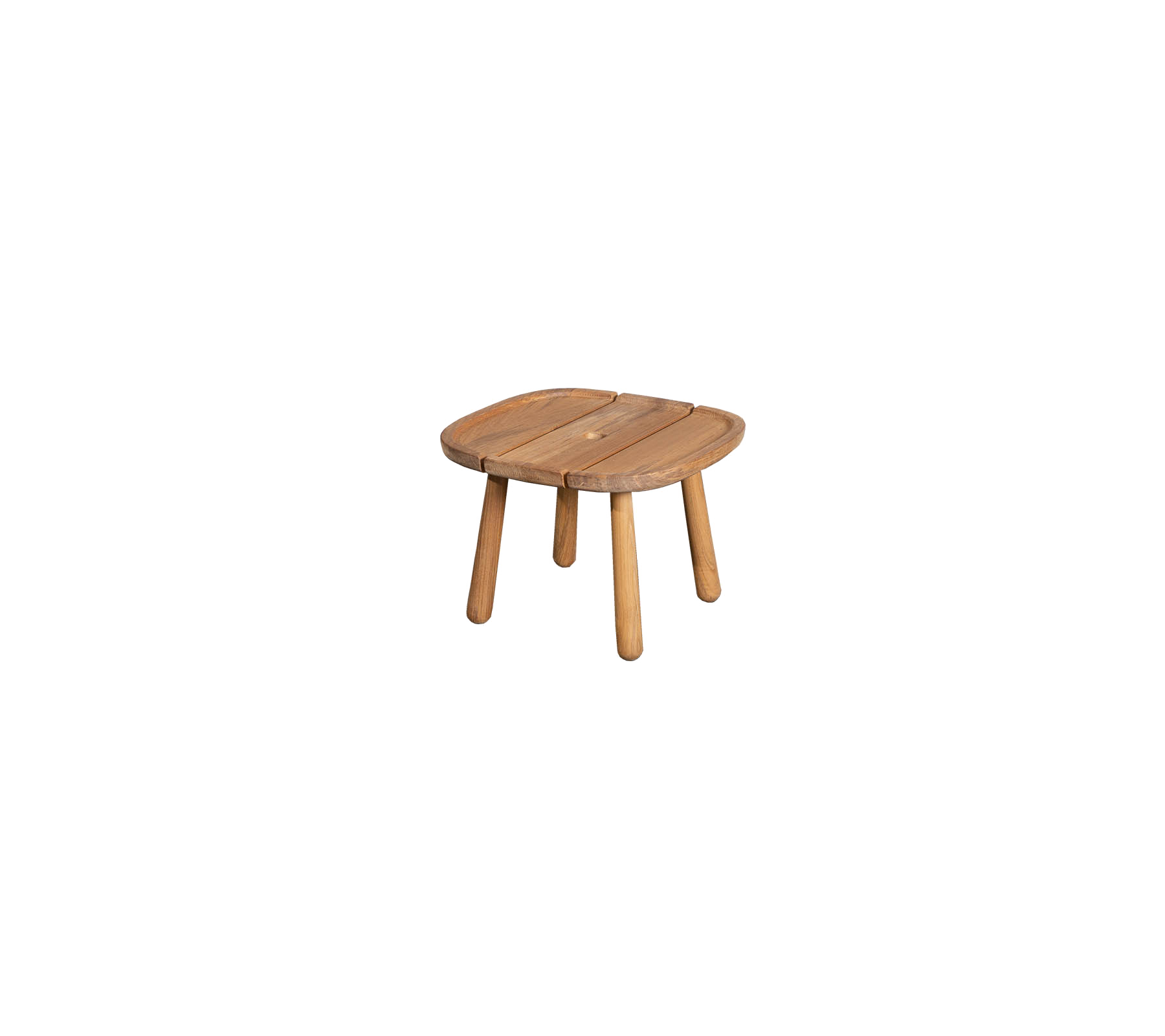 Klein houten tafel met een afgeronde vierkante bovenkant en vier stevige poten, perfect voor verschillende toepassingen in een stijlvolle setting.