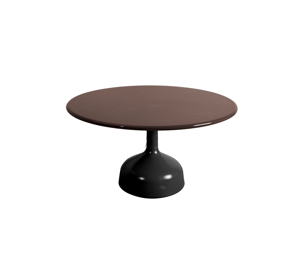 Ronde bordeaux tafel met een zwarte voet.