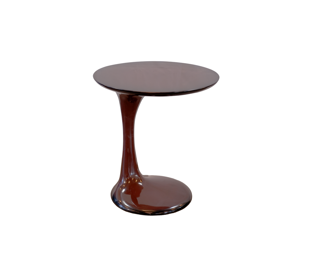 Modern bordeauxkleurige tafel met een uniek onderstelontwerp.