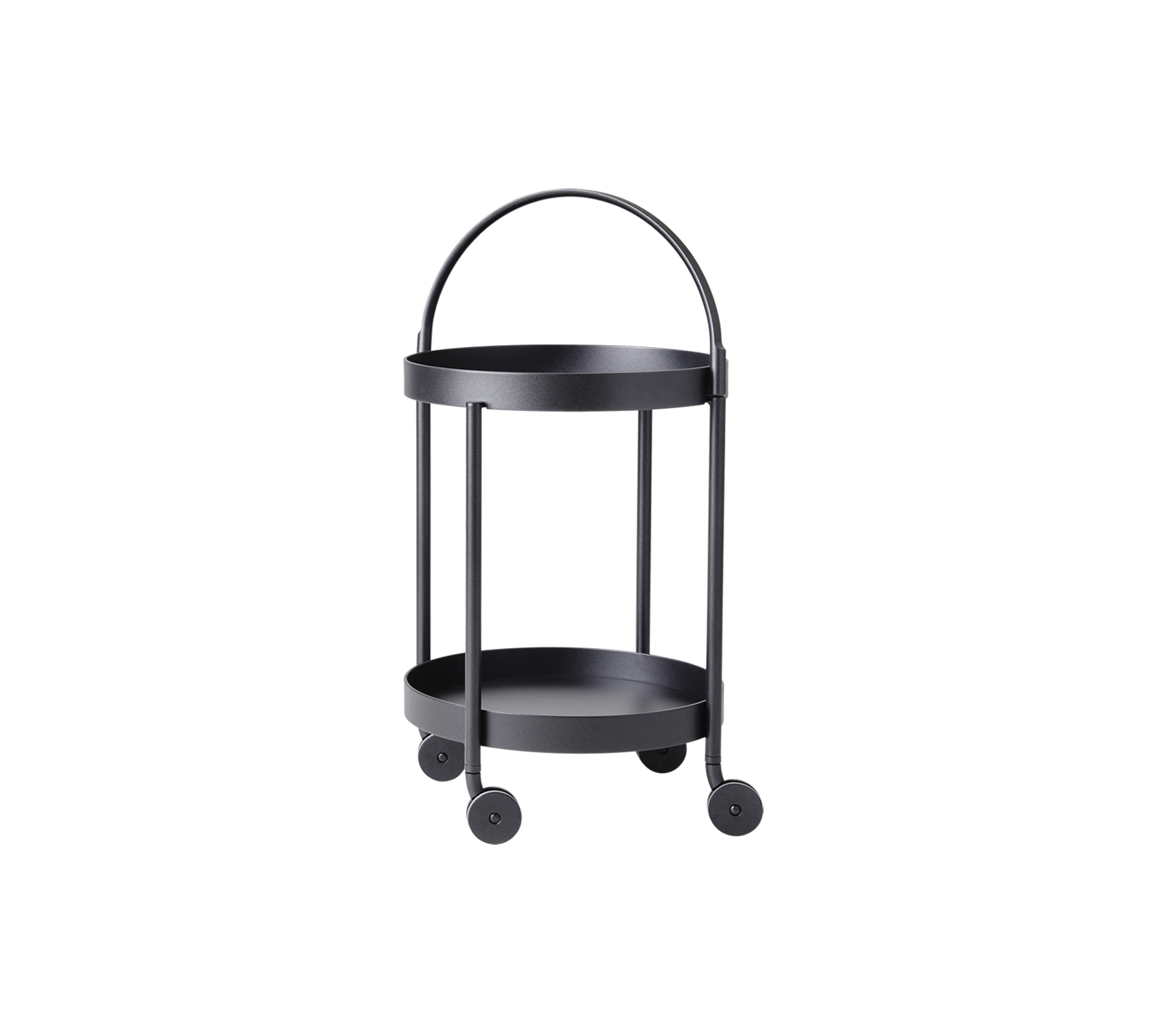 Zwarte, twee verdiepingen tellende serveerwagen op wielen met een gebogen handgreep en een minimalistisch ontwerp, ideaal voor veelzijdige opslag en presentatie.