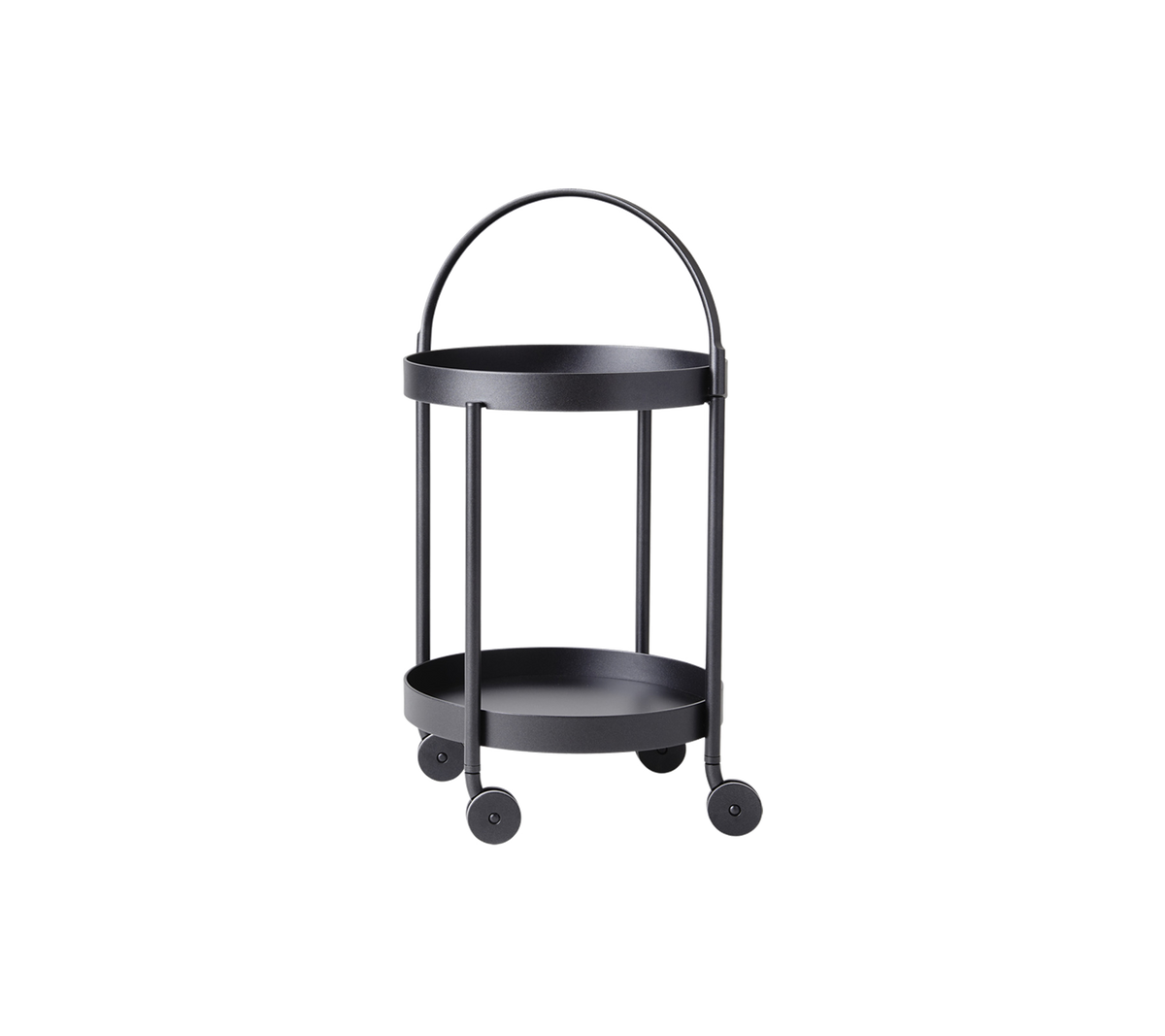 Zwarte, twee verdiepingen tellende serveerwagen op wielen met een gebogen handgreep en een minimalistisch ontwerp, ideaal voor veelzijdige opslag en presentatie.