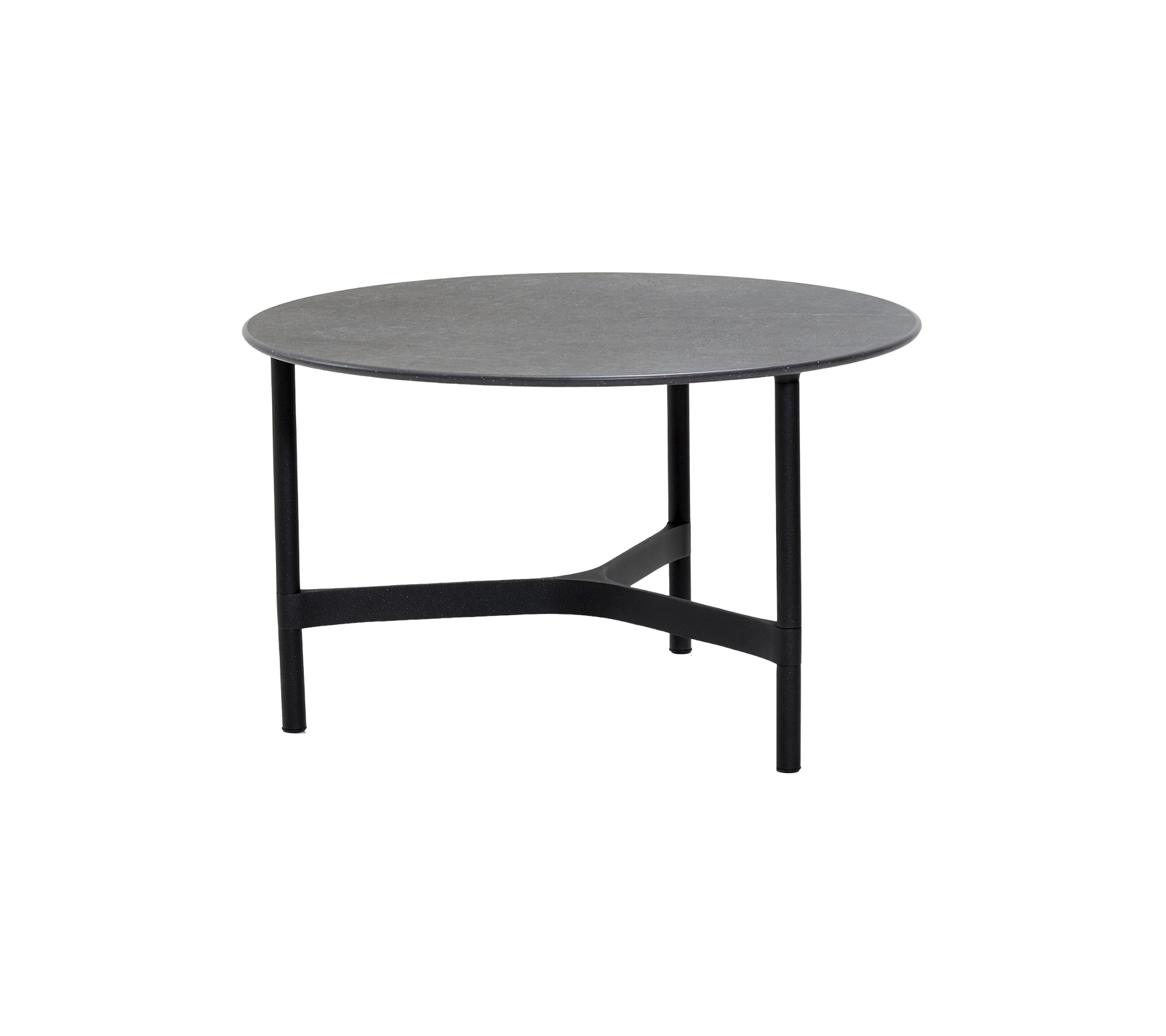 Ronde tafel met een slanke grijze bovenkant en een stevige zwarte frame, perfect voor moderne woonruimtes en informele bijeenkomsten.