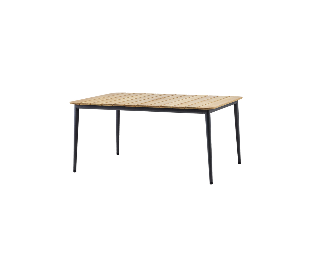 Rechthoekige tafel met een lamellen houten blad en slanke zwarte poten, geschikt voor verschillende omgevingen.