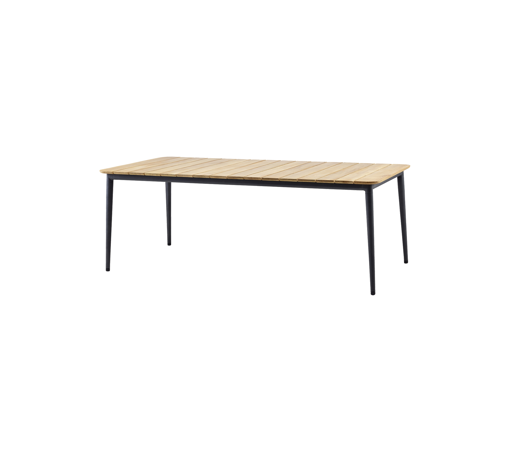 Stijlvolle tafel met een houten lattenblad en slanke zwarte poten, perfect voor verschillende settings en toepassingen.