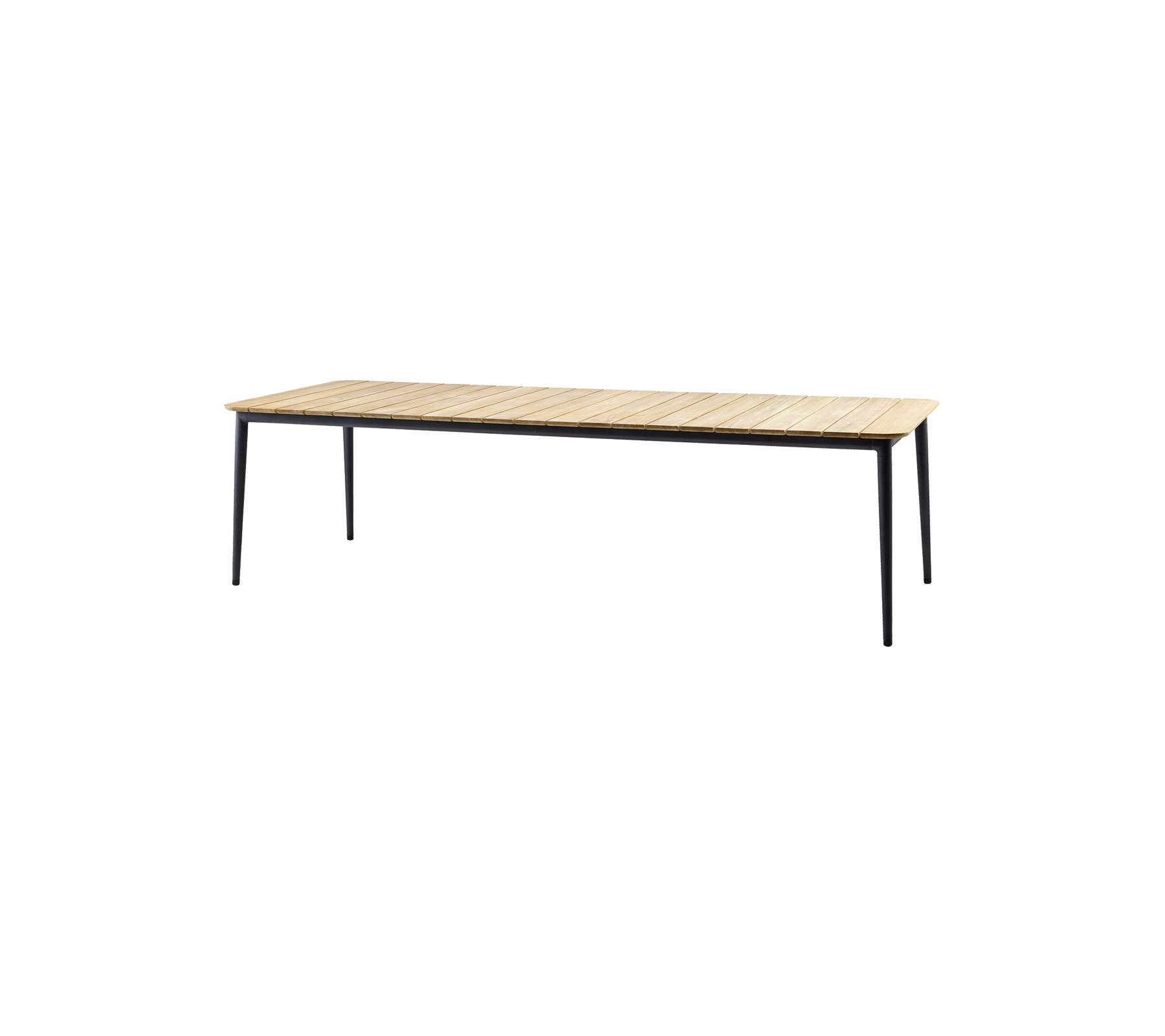 Houten eettafel met een lichte oppervlakte en slanke zwarte poten, perfect voor moderne ruimtes.